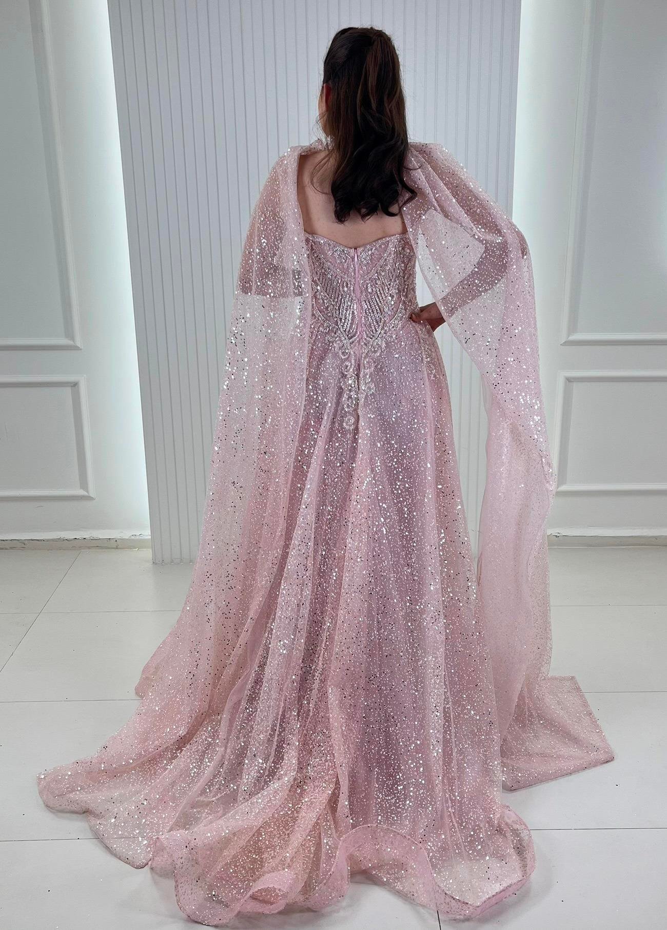 Pembe Üstü Gümüş Pano Desen Aplikli A Kesim Abiye Elbise