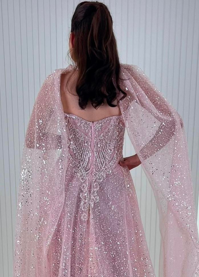 Pembe Üstü Gümüş Pano Desen Aplikli A Kesim Abiye Elbise