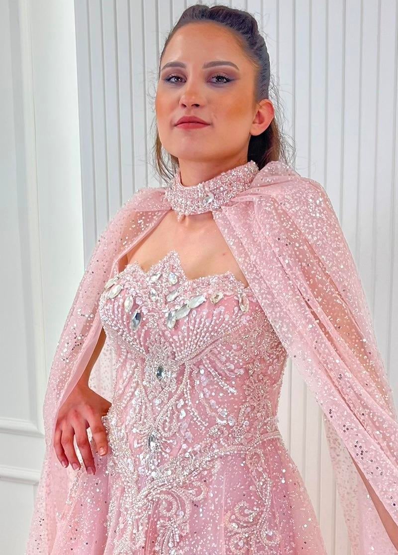 Pembe Üstü Gümüş Pano Desen Aplikli A Kesim Abiye Elbise