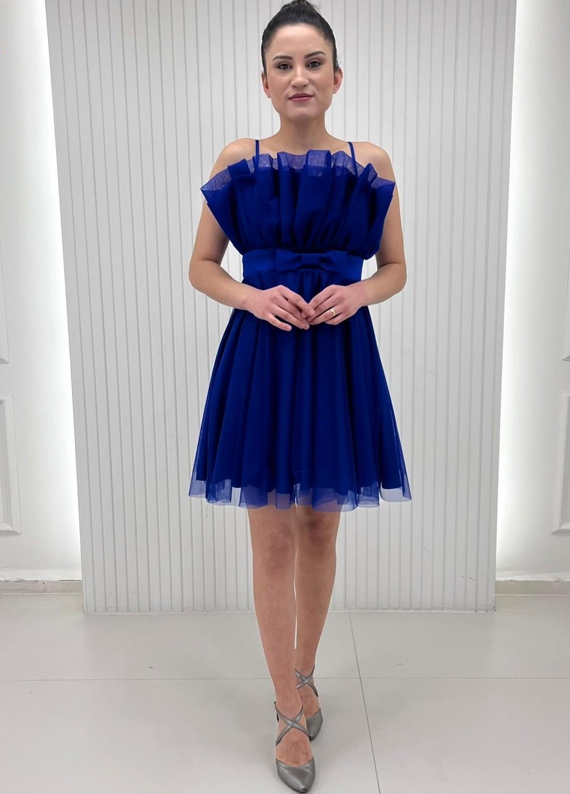 Saks Mavi Göğsü Büzgülü Drapeli Beli Fiyonklu Kısa Elbise