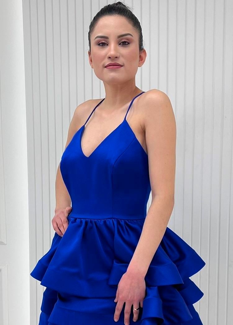 Saks Mavi İnce Askılı Etekleri Kat Kat Saten Kısa Elbise