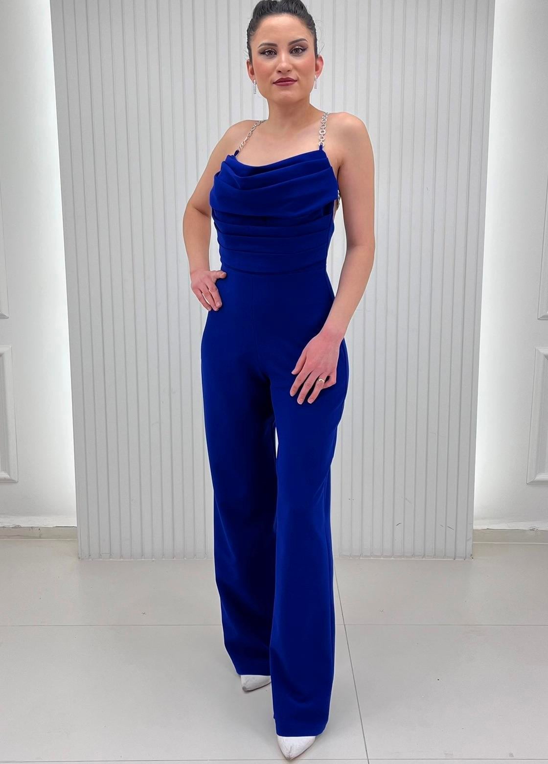 Saks Mavi İnce Askılı Göğsü Drapeli Tulum
