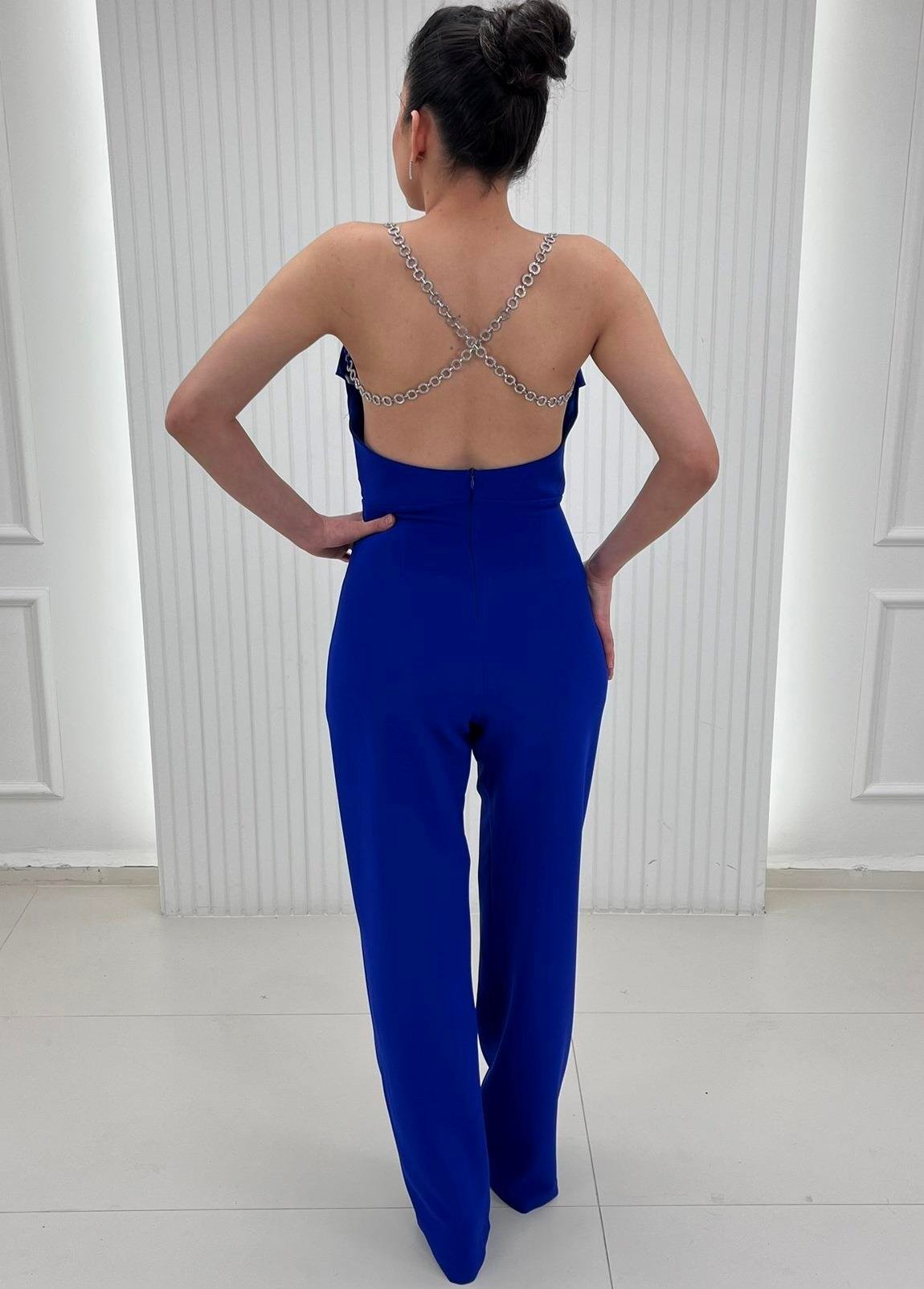 Saks Mavi İnce Askılı Göğsü Drapeli Tulum