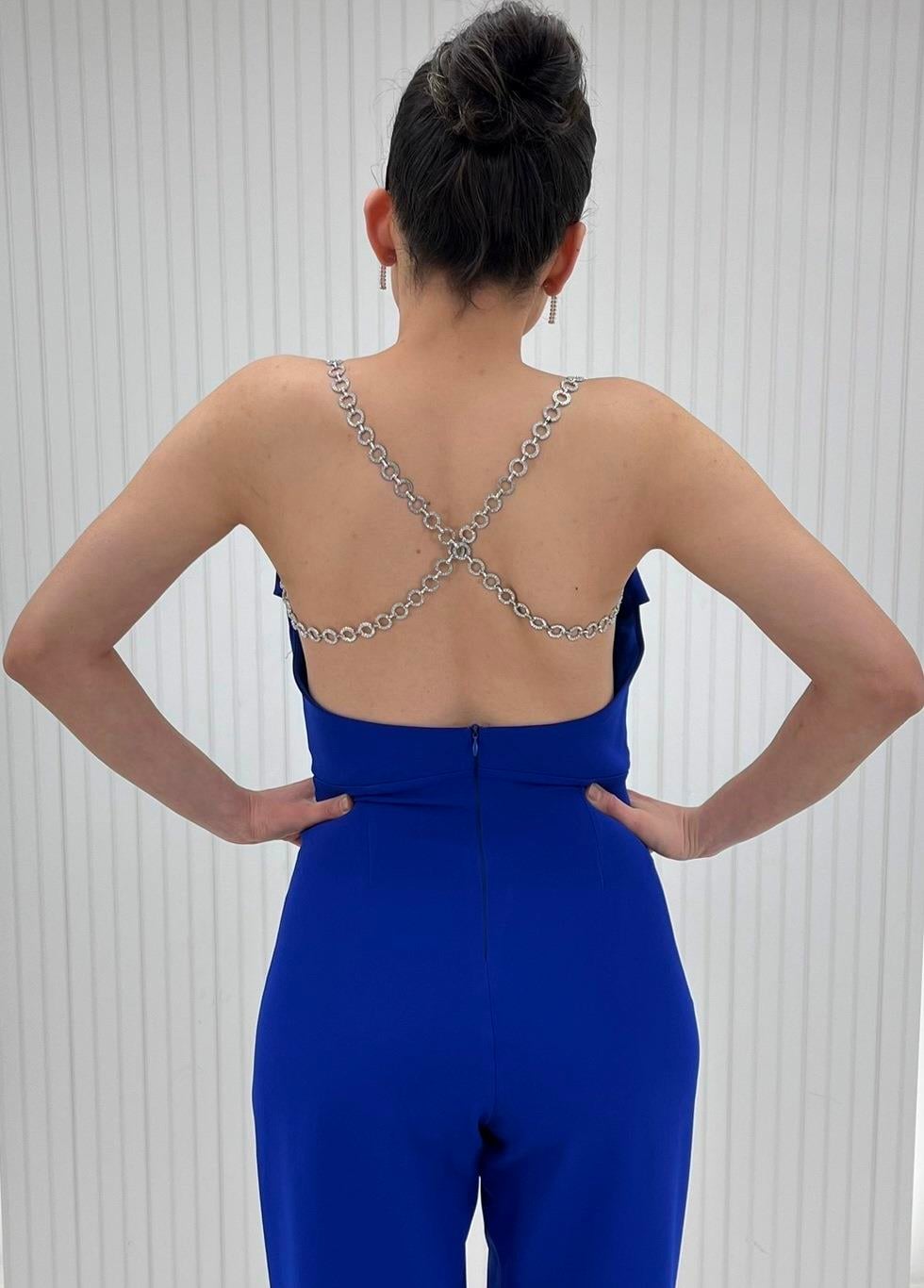 Saks Mavi İnce Askılı Göğsü Drapeli Tulum