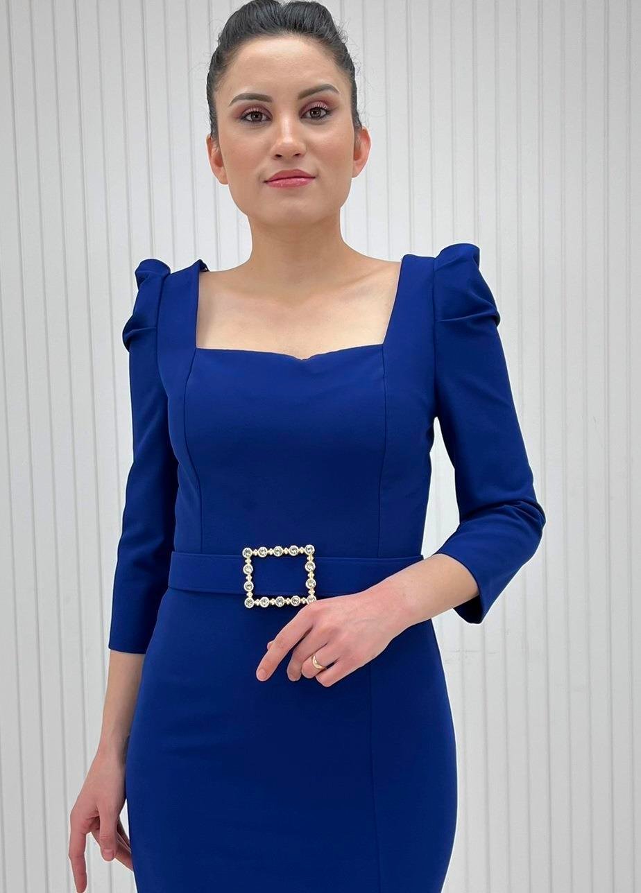 Saks Mavi Kare Yaka Büzgülü Uzun Kollu Kısa Elbise
