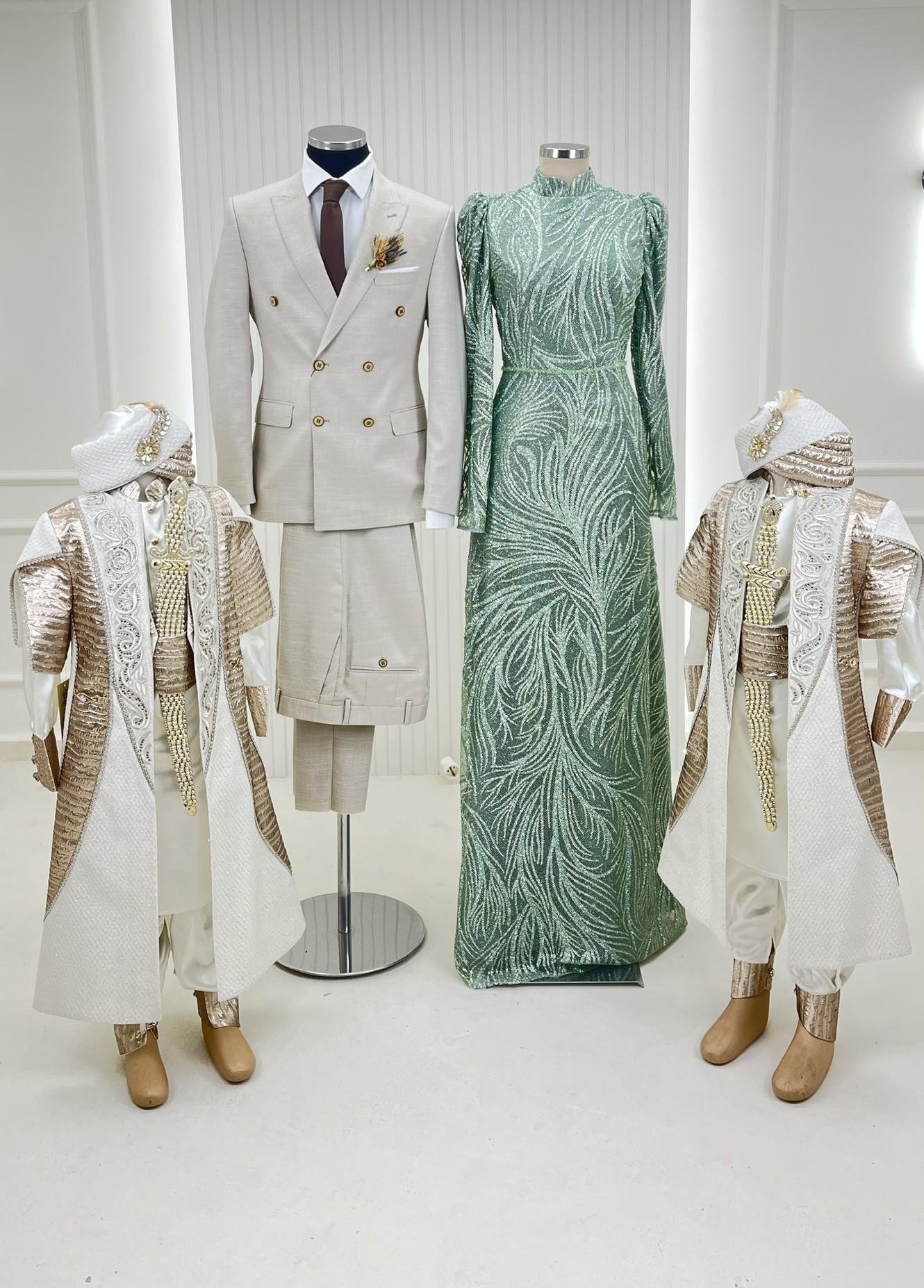 Simli Dantel Tesettür Abiye Brokar Kaftan Kruvaze Takım Elbise Kombin Set 66