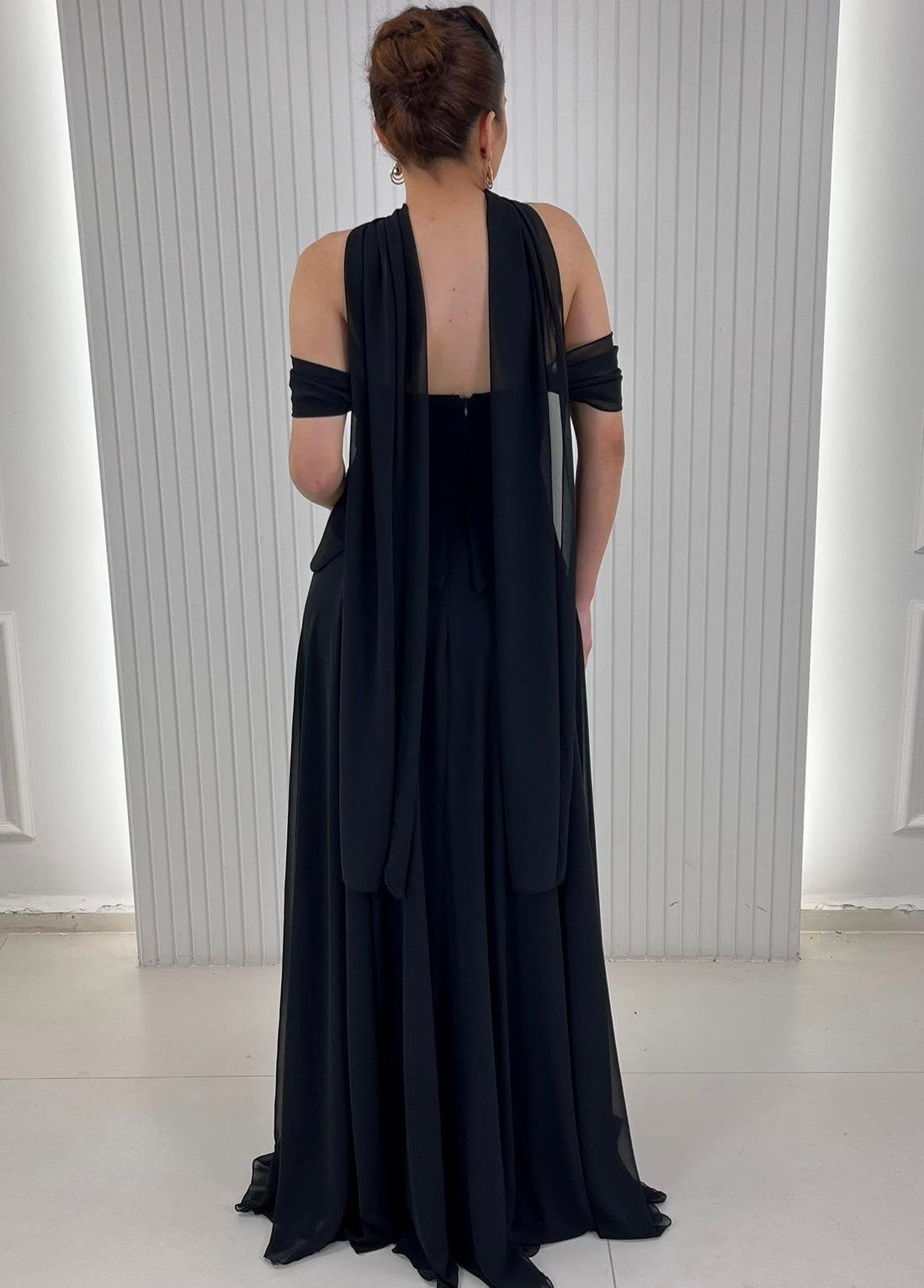 Siyah Kayık Yaka Peplum Kesim Uzun Şifon Abiye Elbise 