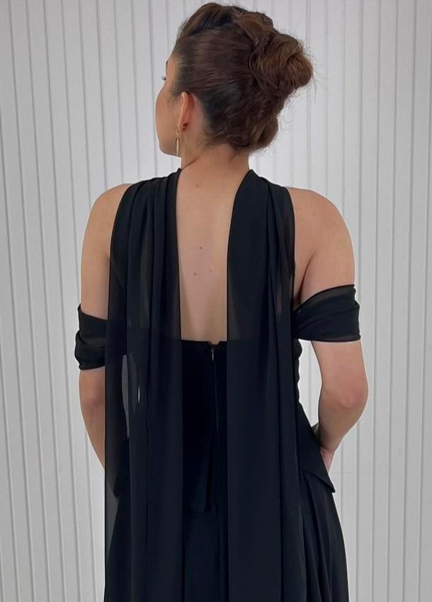 Siyah Kayık Yaka Peplum Kesim Uzun Şifon Abiye Elbise 