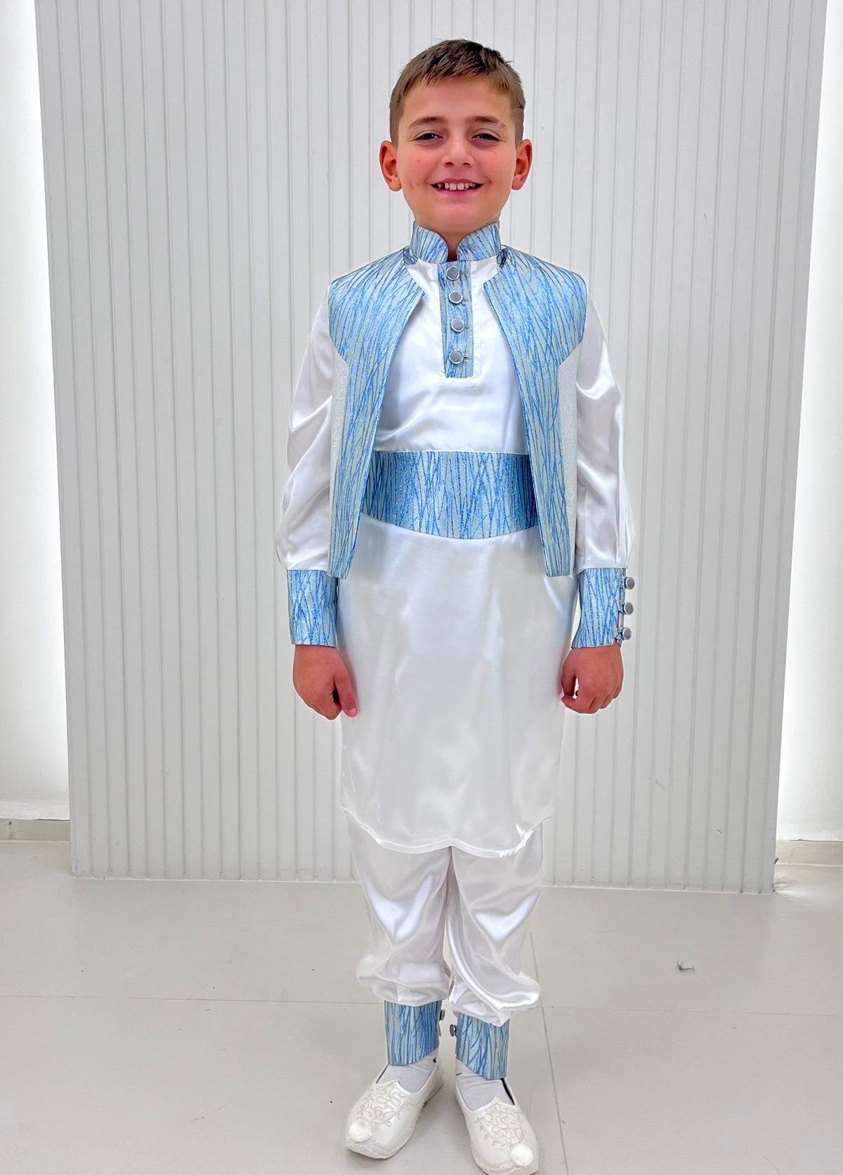 Turkuaz Tuğra Broşlu Desenli Kumaş Kaftan Sünnet Kıyafeti