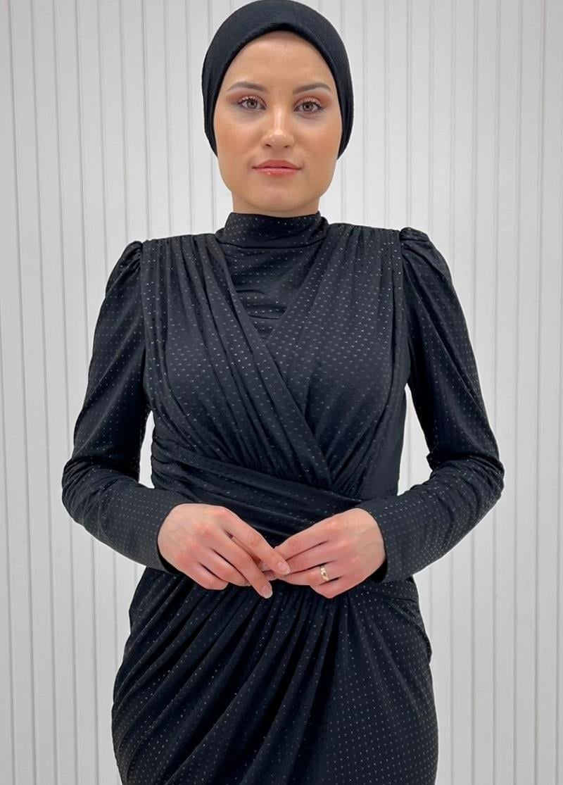 Üzeri Drapeli Kendinden Kemerli Balık Tesettür Abiye