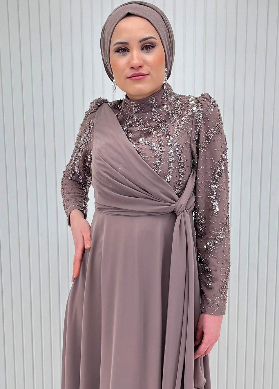 Vizon Üstü Boncuklu Dantelli Şifon Garnili Tesettür Abiye Elbise