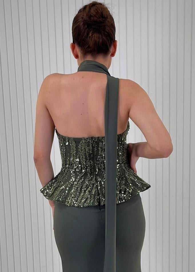 Yeşil Straplez Pul Payet İşlemeli Peplum Kesim Uzun Abiye Elbise 