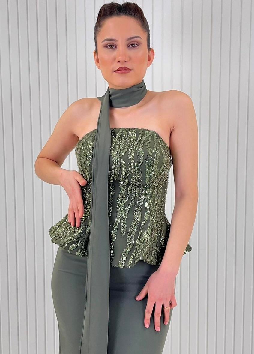 Yeşil Straplez Pul Payet İşlemeli Peplum Kesim Uzun Abiye Elbise 
