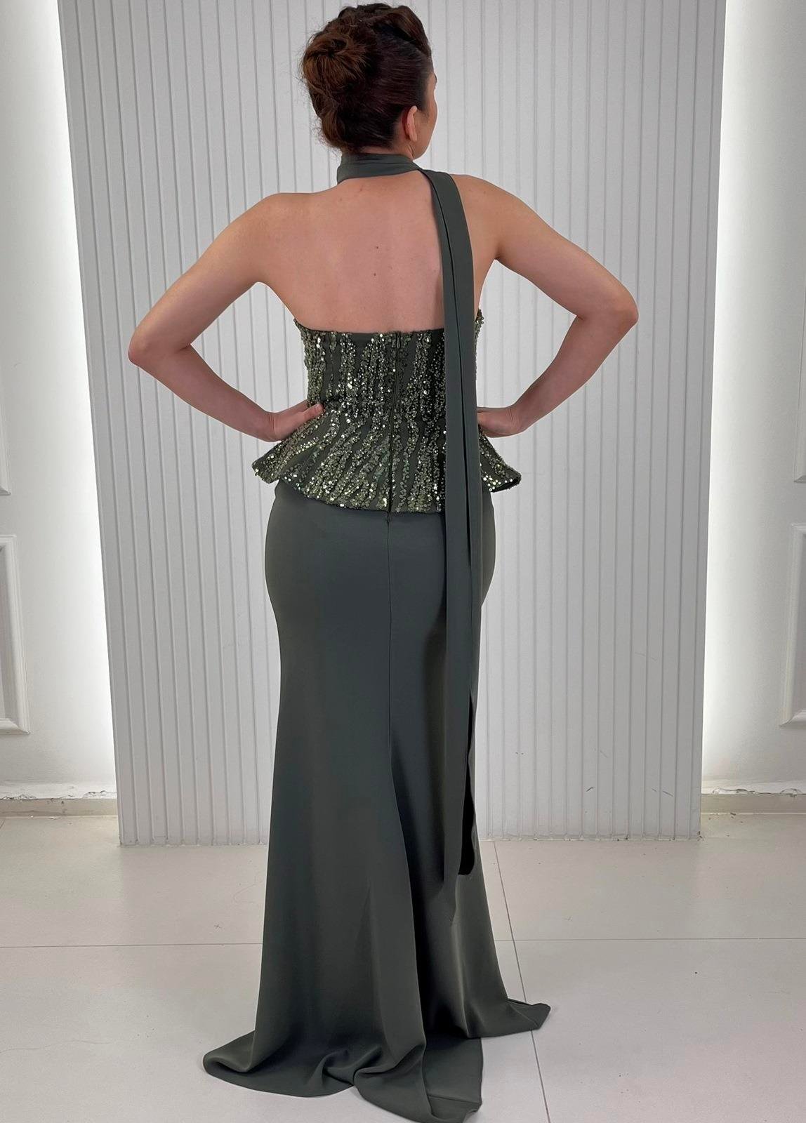 Yeşil Straplez Pul Payet İşlemeli Peplum Kesim Uzun Abiye Elbise 