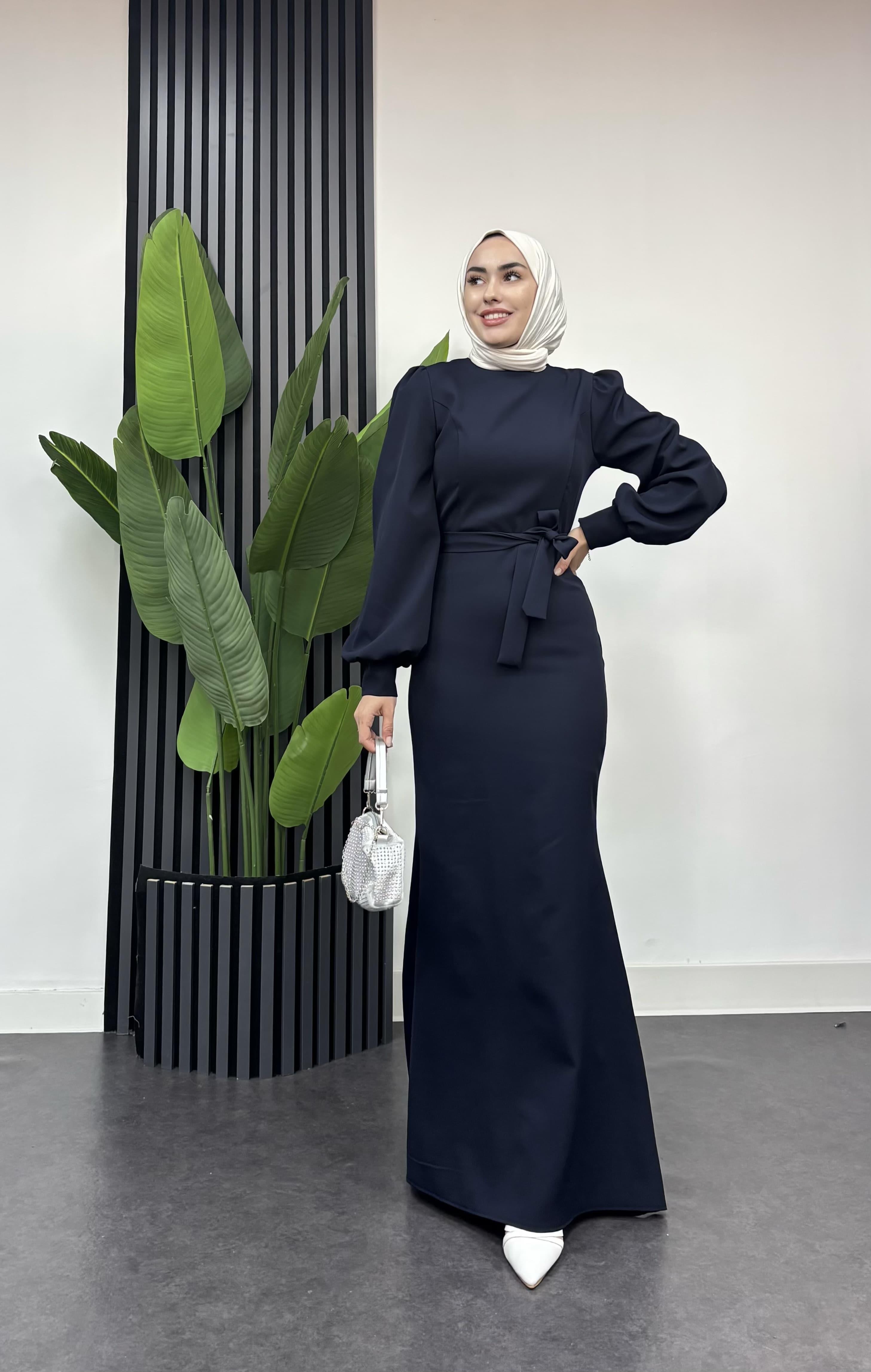 Balık Model Dabıl Krep Tesettür Abiye Koyu Lacivert 