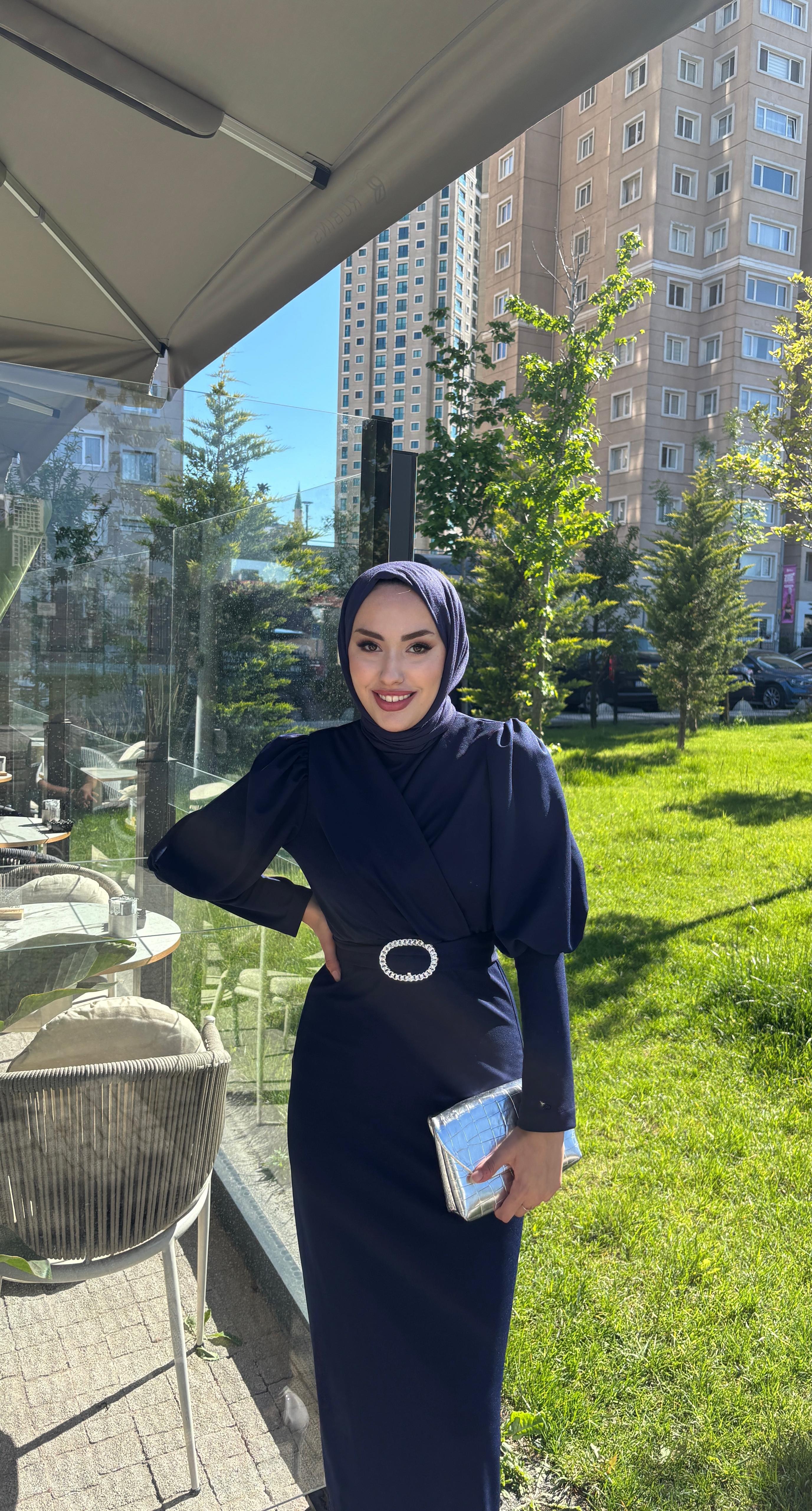 Çapraz Scuba Kalem Elbise Lacivert