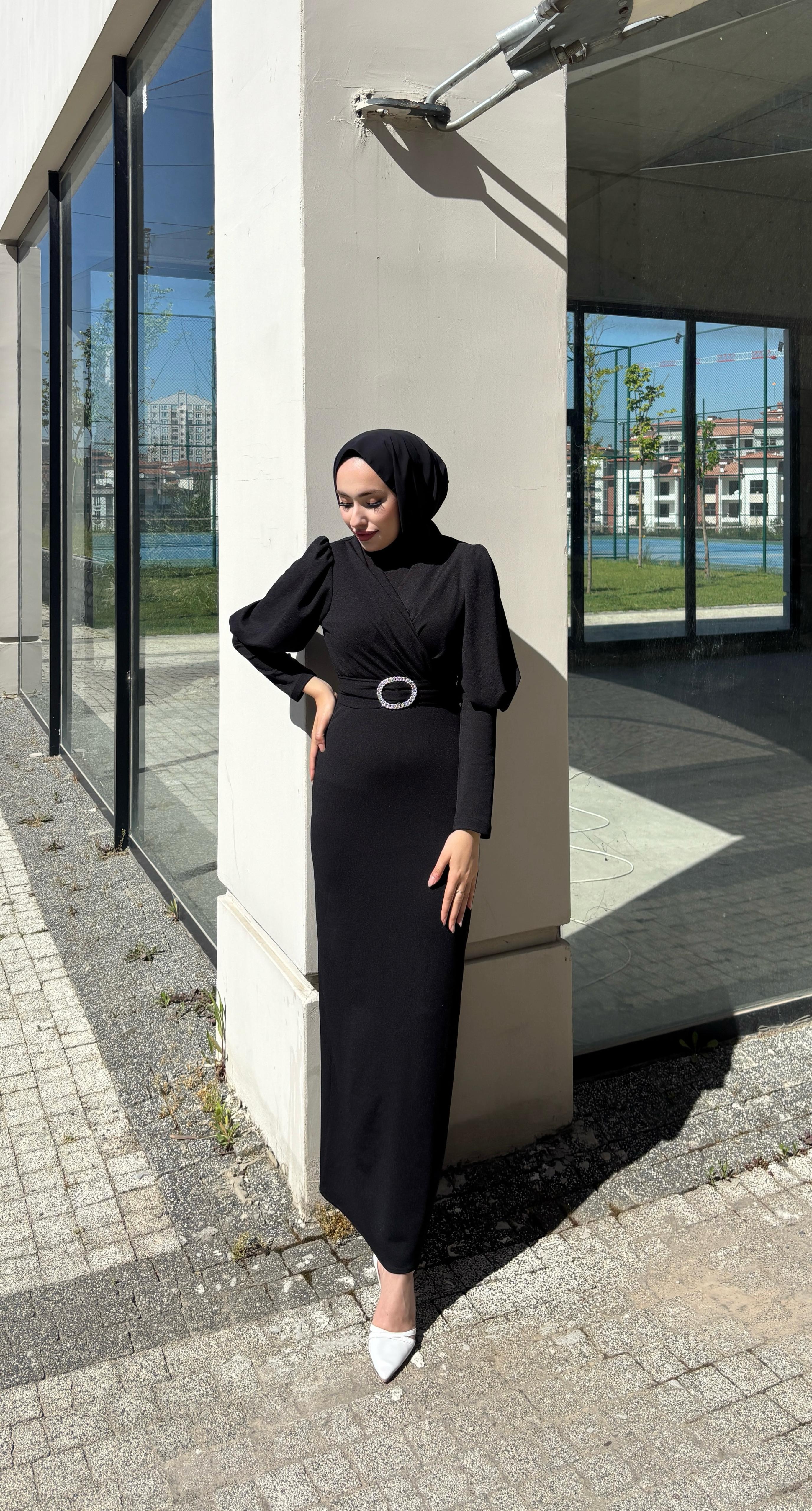 Çapraz Scuba Kalem Elbise Siyah