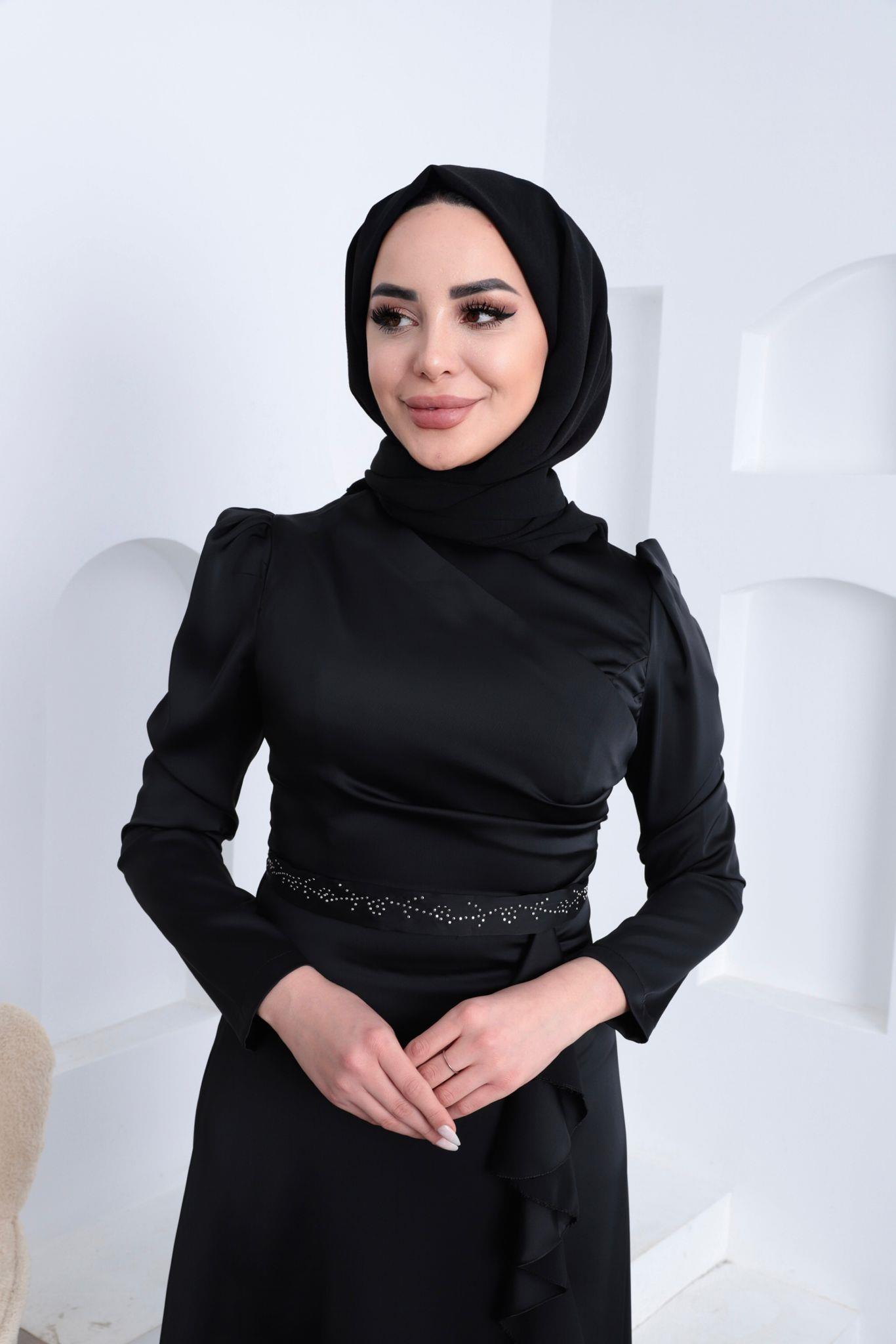 Kemeri Boncuklu Abiye Siyah