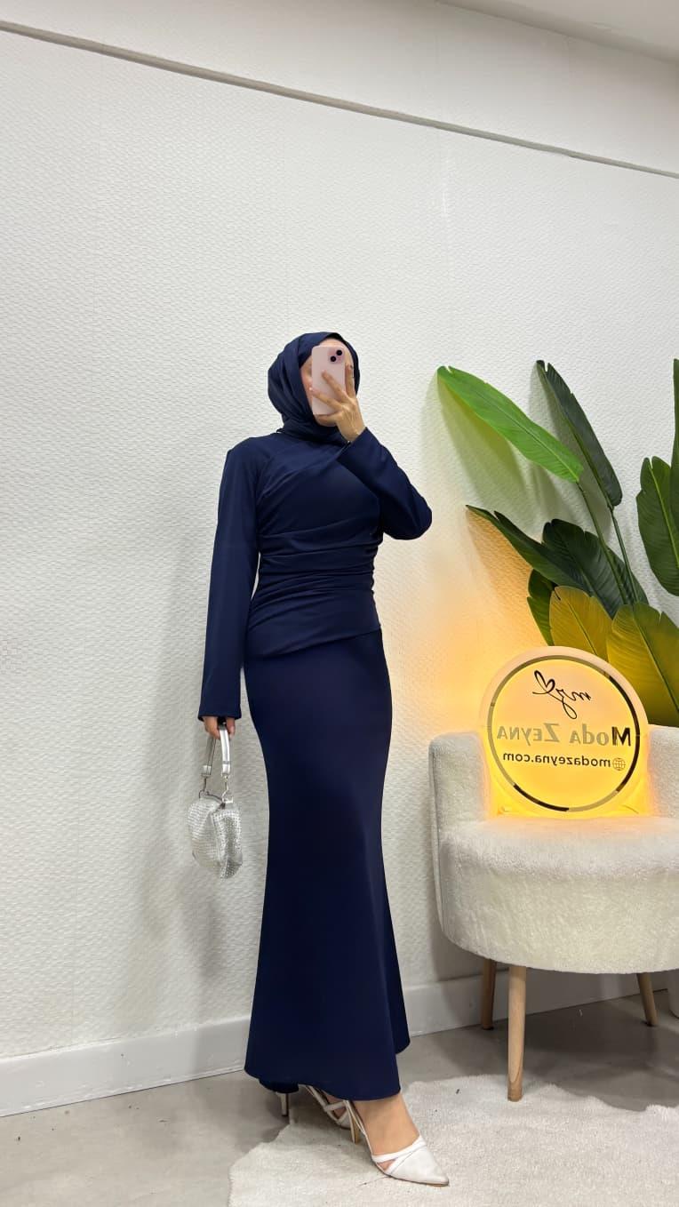 Nisa Önü Drapeli Tesettür Elbise Lacivert 