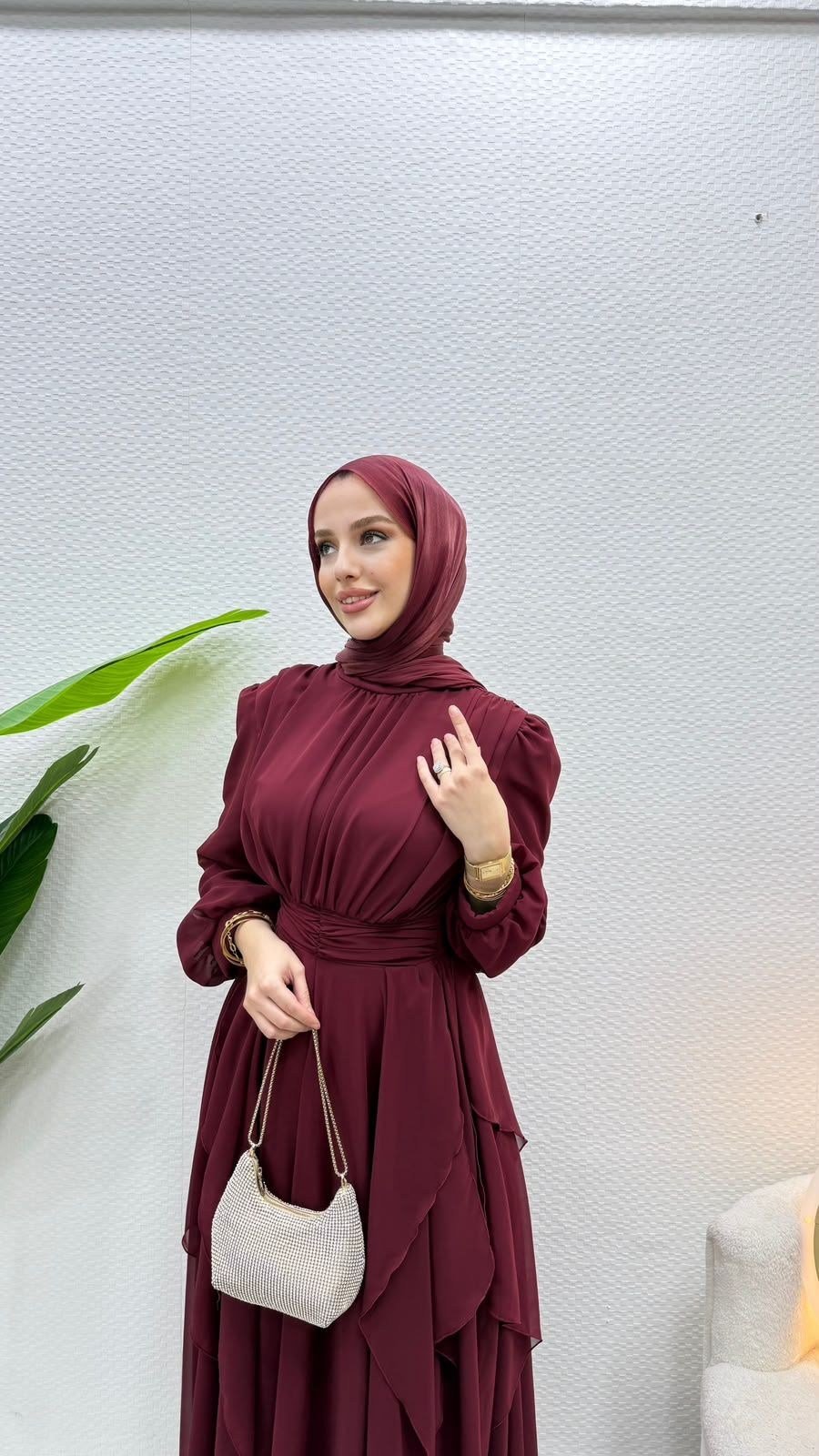 Sedef Şifon Abiye Bordo