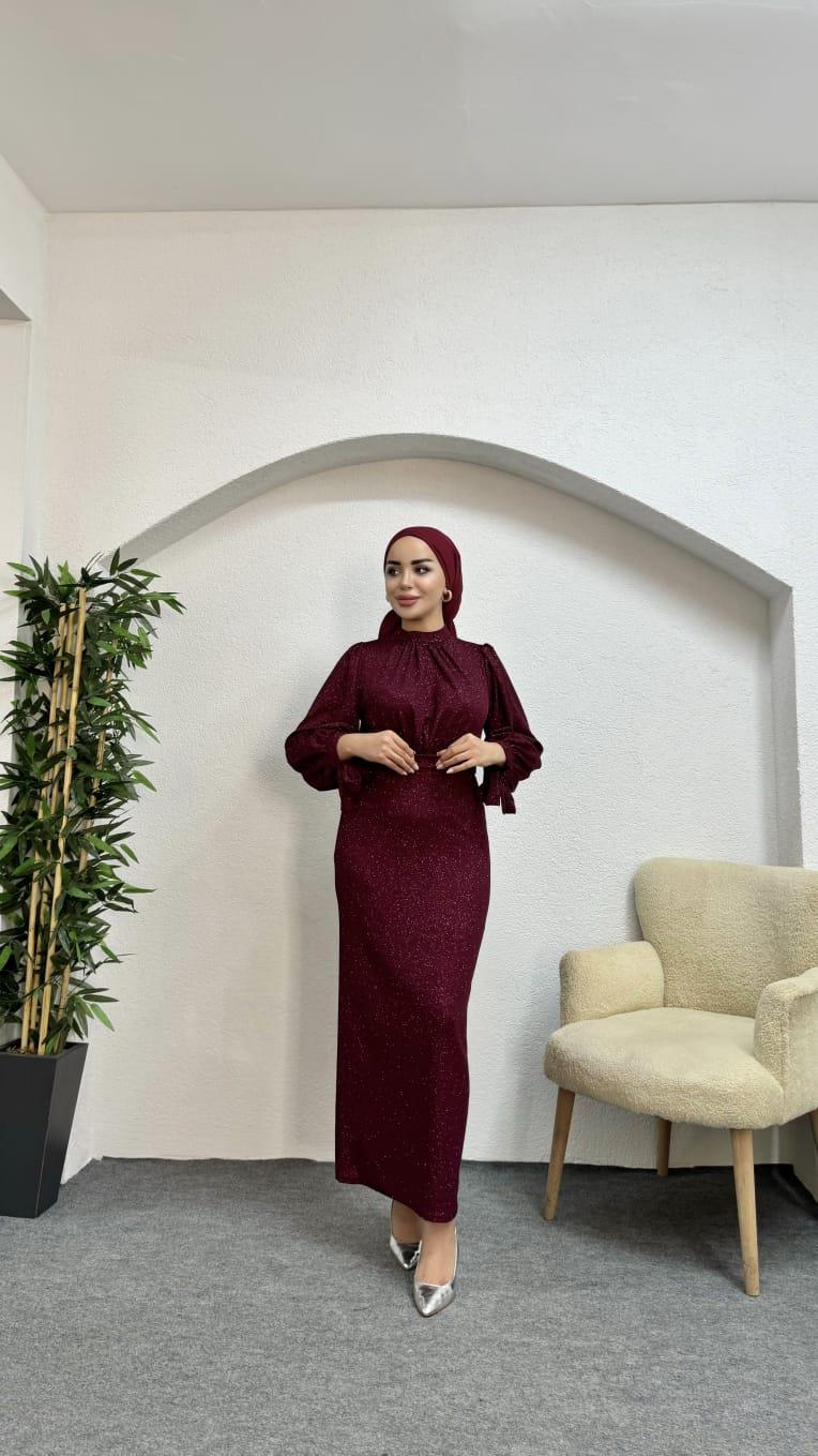 Simli Kalem Tesettür Elbise Bordo