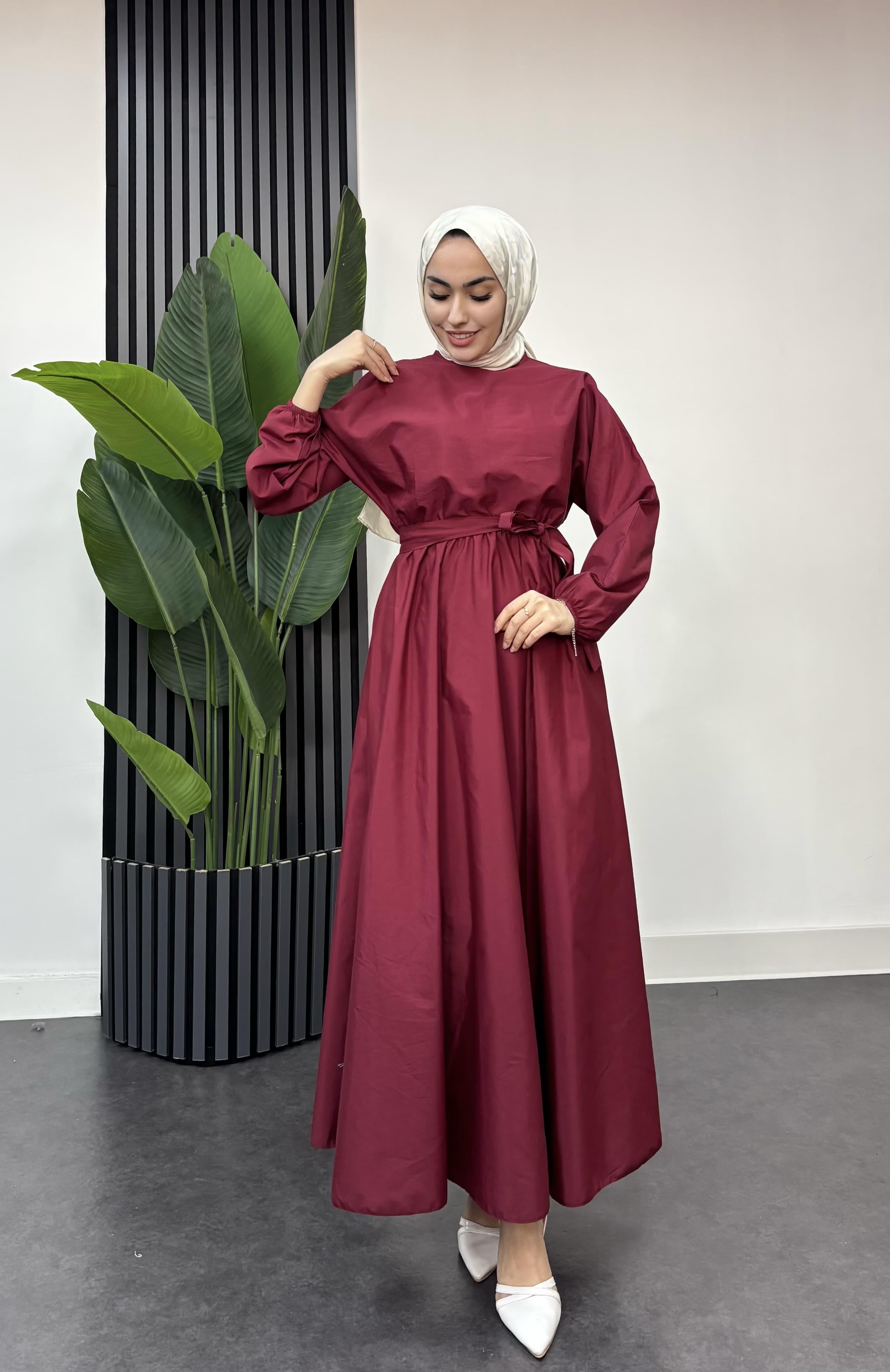 Trikoton Mevlana Tesettür Elbise Bordo 