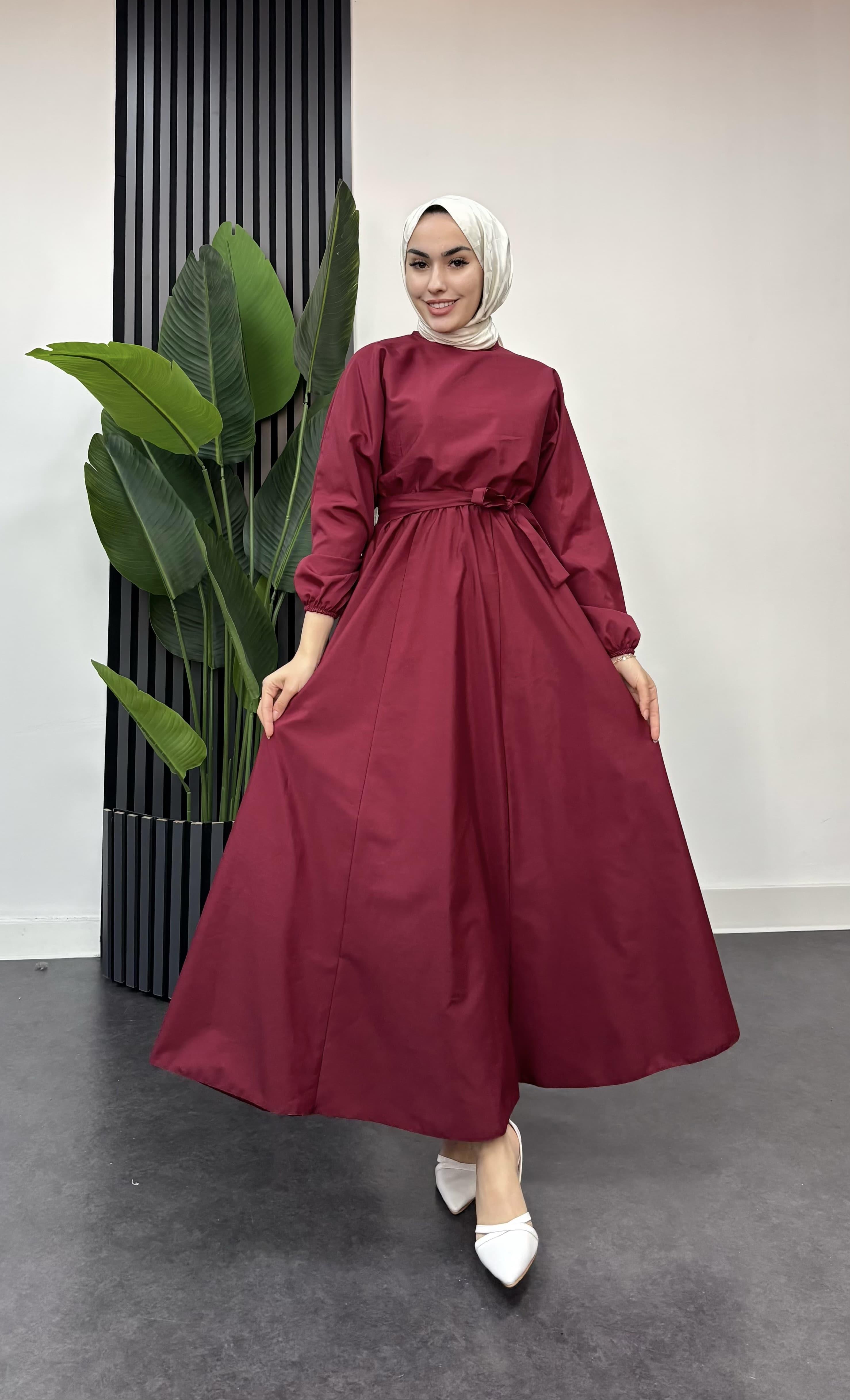 Trikoton Mevlana Tesettür Elbise Bordo 