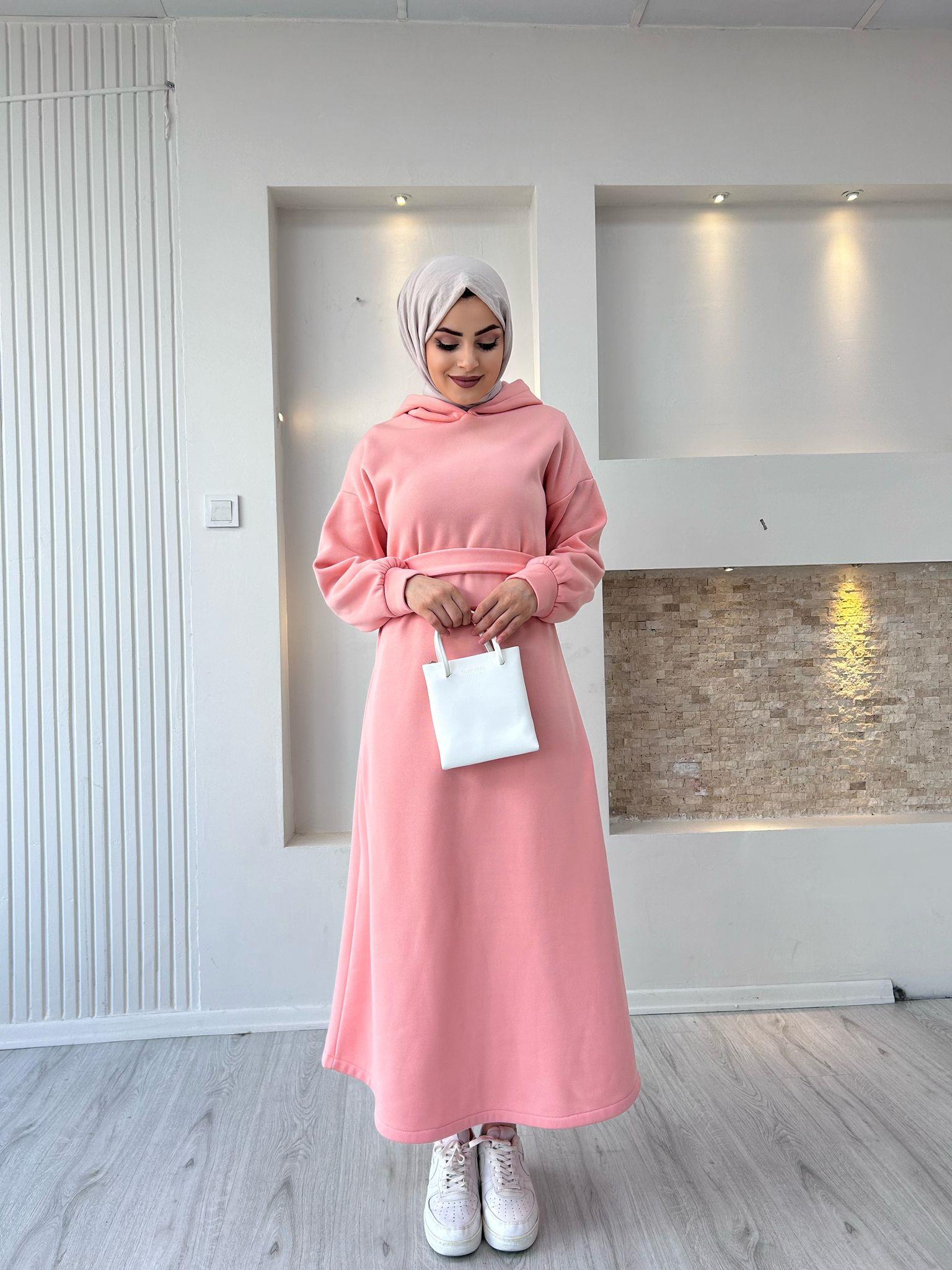 Üç İplik Kapşonlu Elbise Pembe