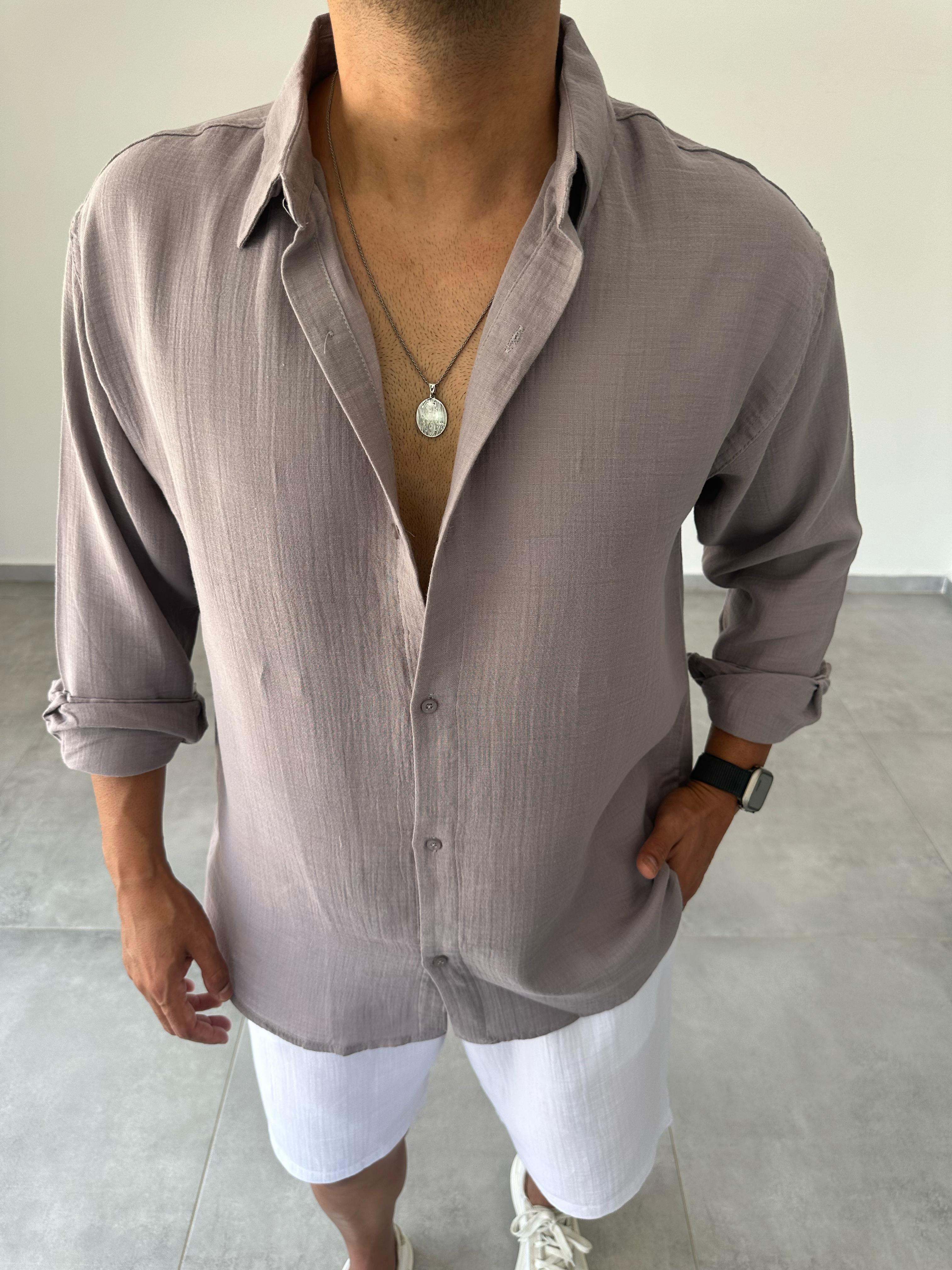Antrasit Renk Oversize Kesim Müslin Basic Keten Gömlek