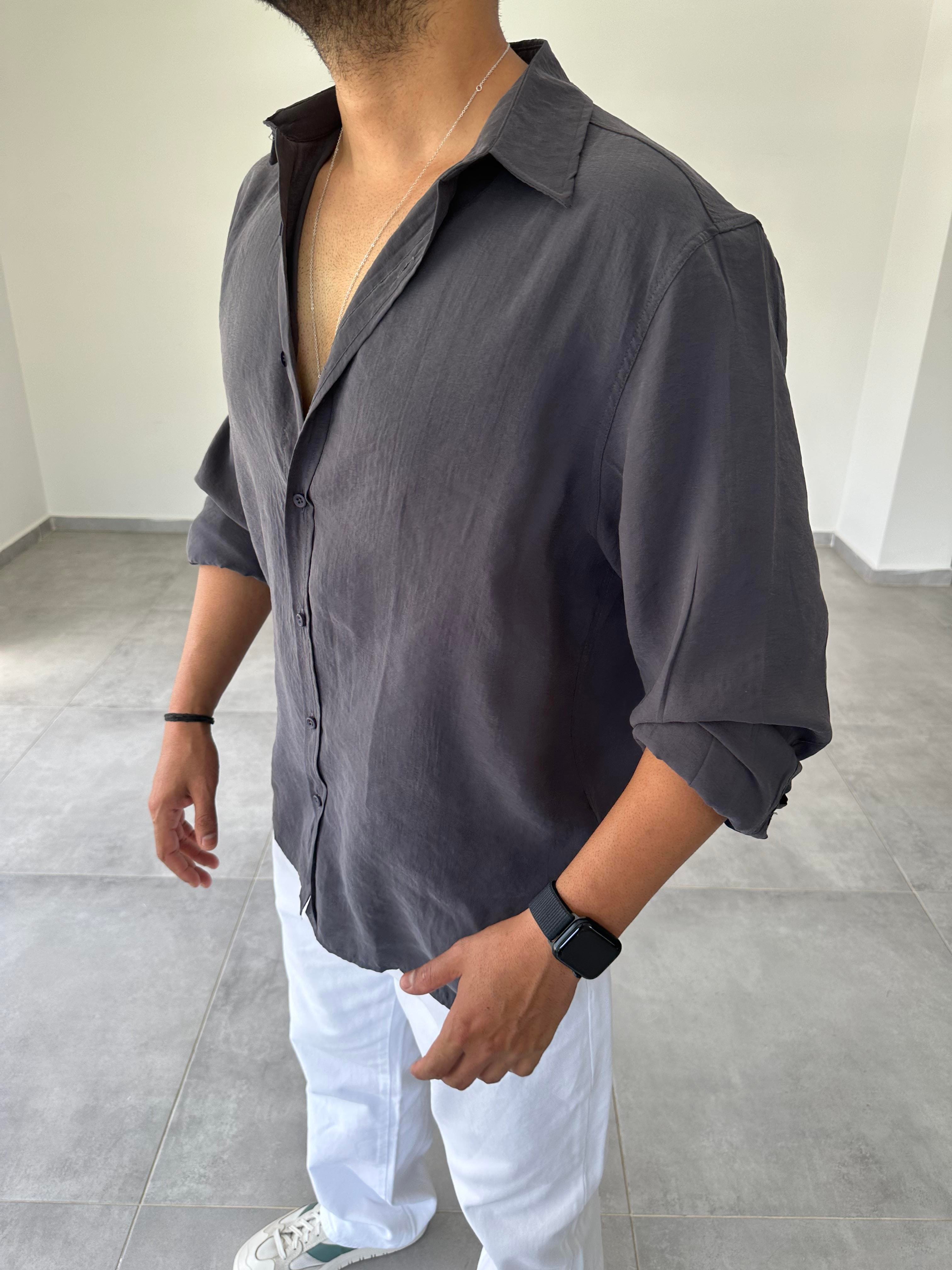 Antrasit Renk Tensel Kumaş Oversize Kesim Gömlek