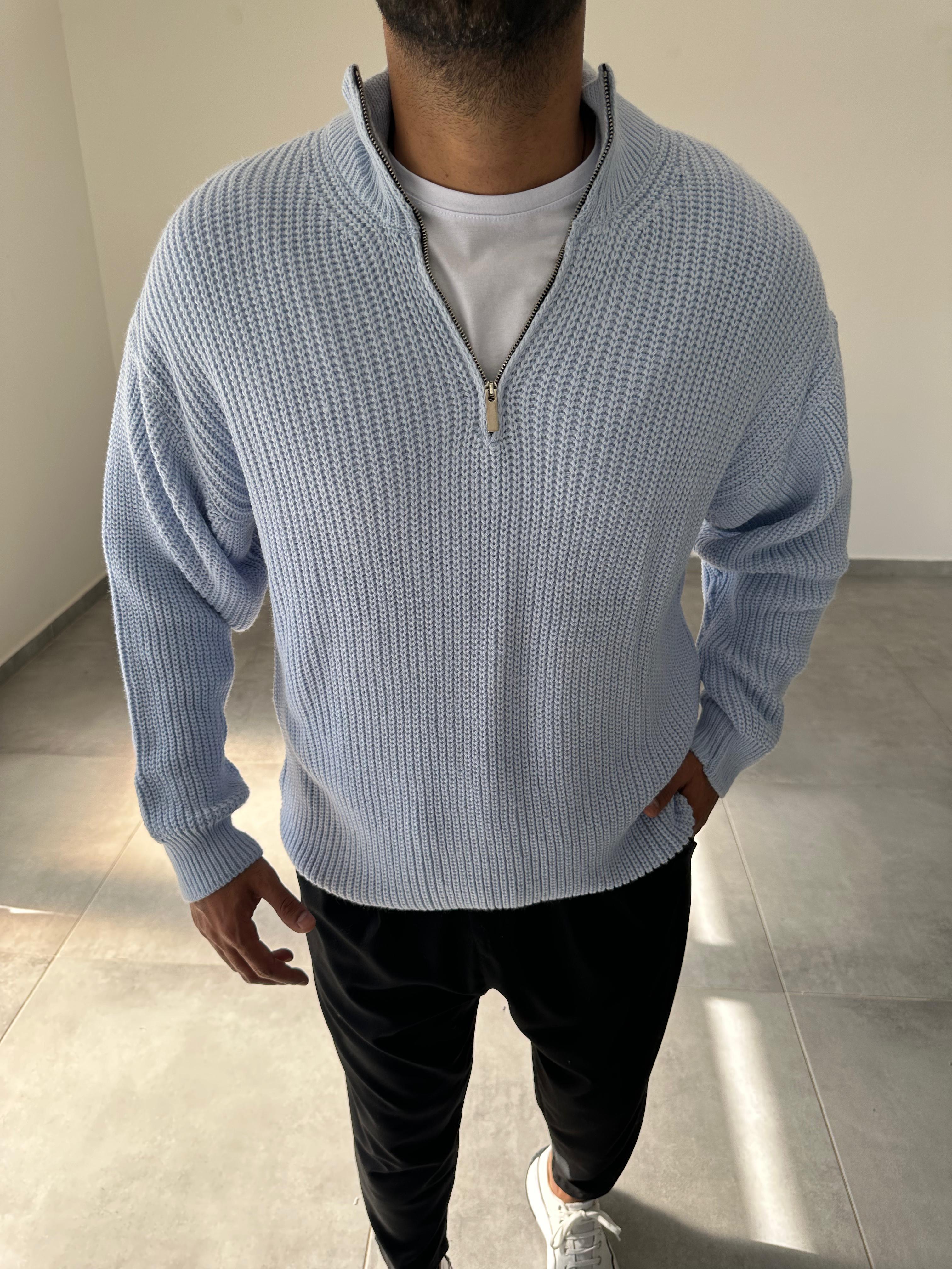 Bebe Mavisi Yarım Fermarlı Oversize Örme Triko Kazak
