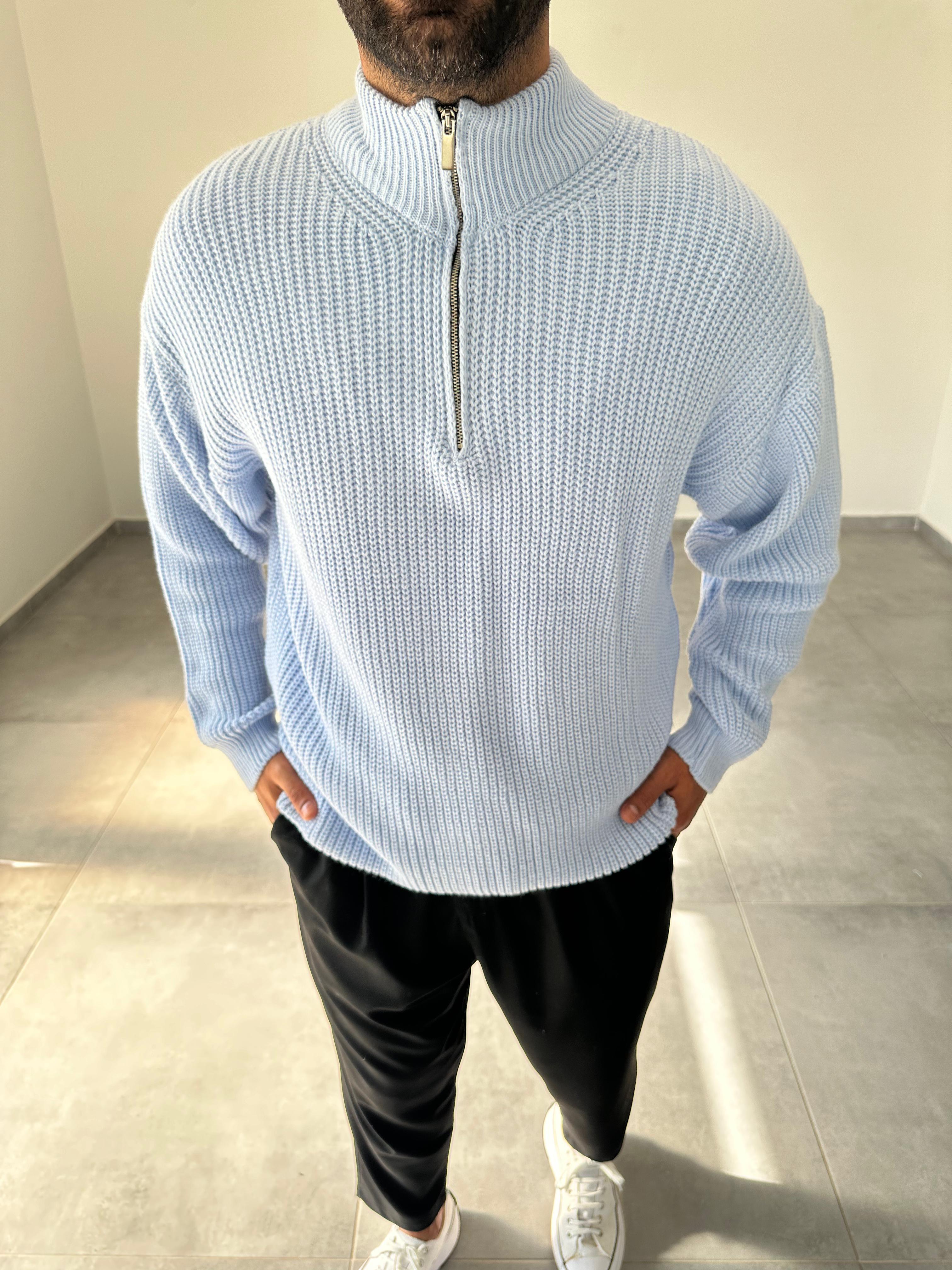 Bebe Mavisi Yarım Fermarlı Oversize Örme Triko Kazak