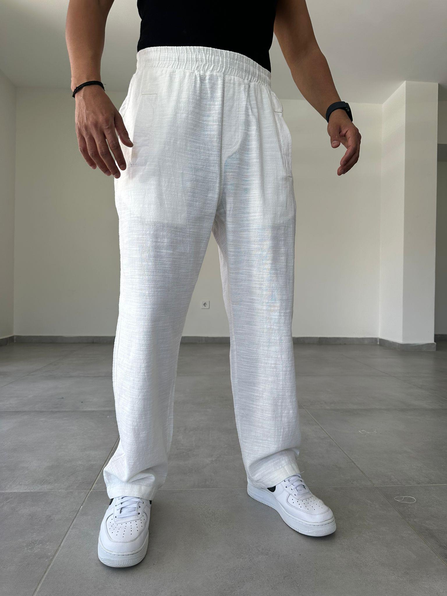 Beyaz Baggy Kesim Keten Pantolon