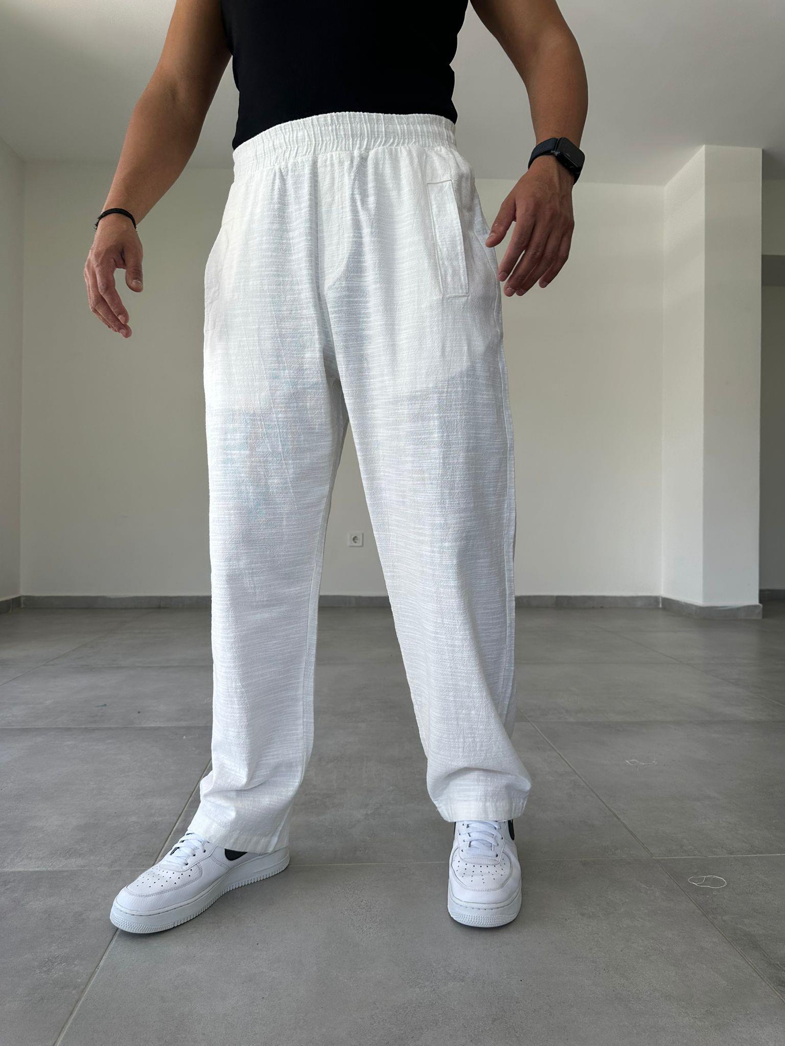 Beyaz Baggy Kesim Keten Pantolon