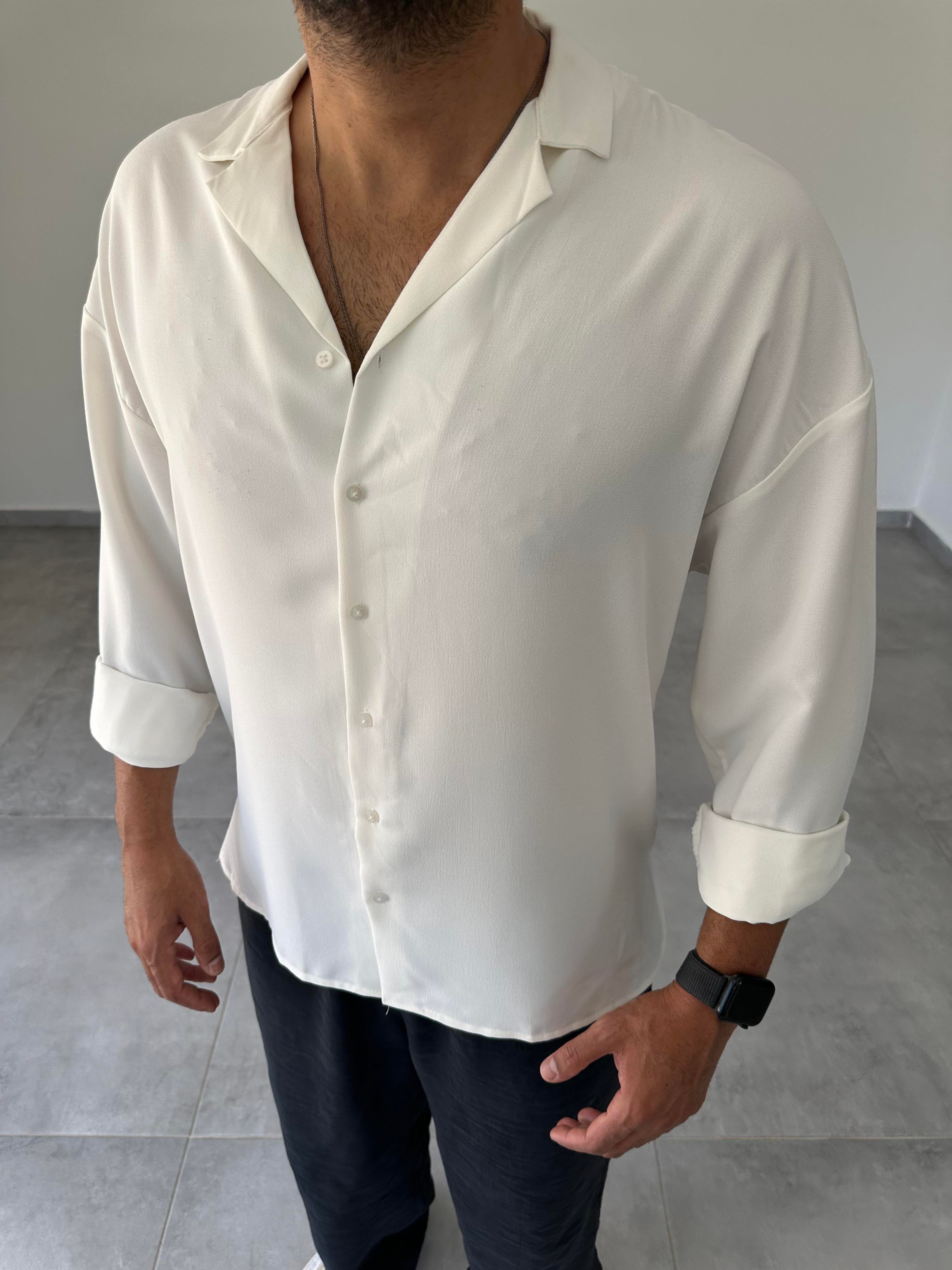 Beyaz Oversize Kesim Ayrobin Kumaş Gömlek