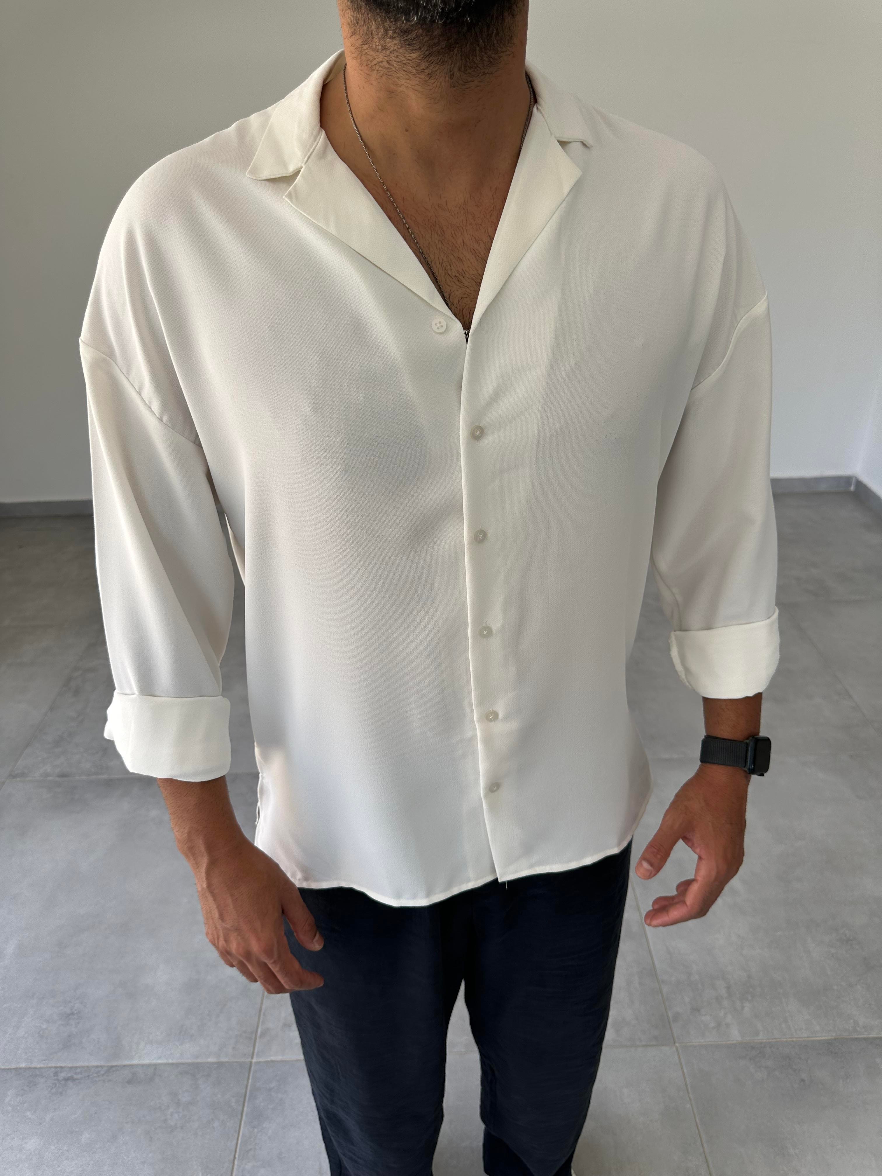 Beyaz Oversize Kesim Ayrobin Kumaş Gömlek