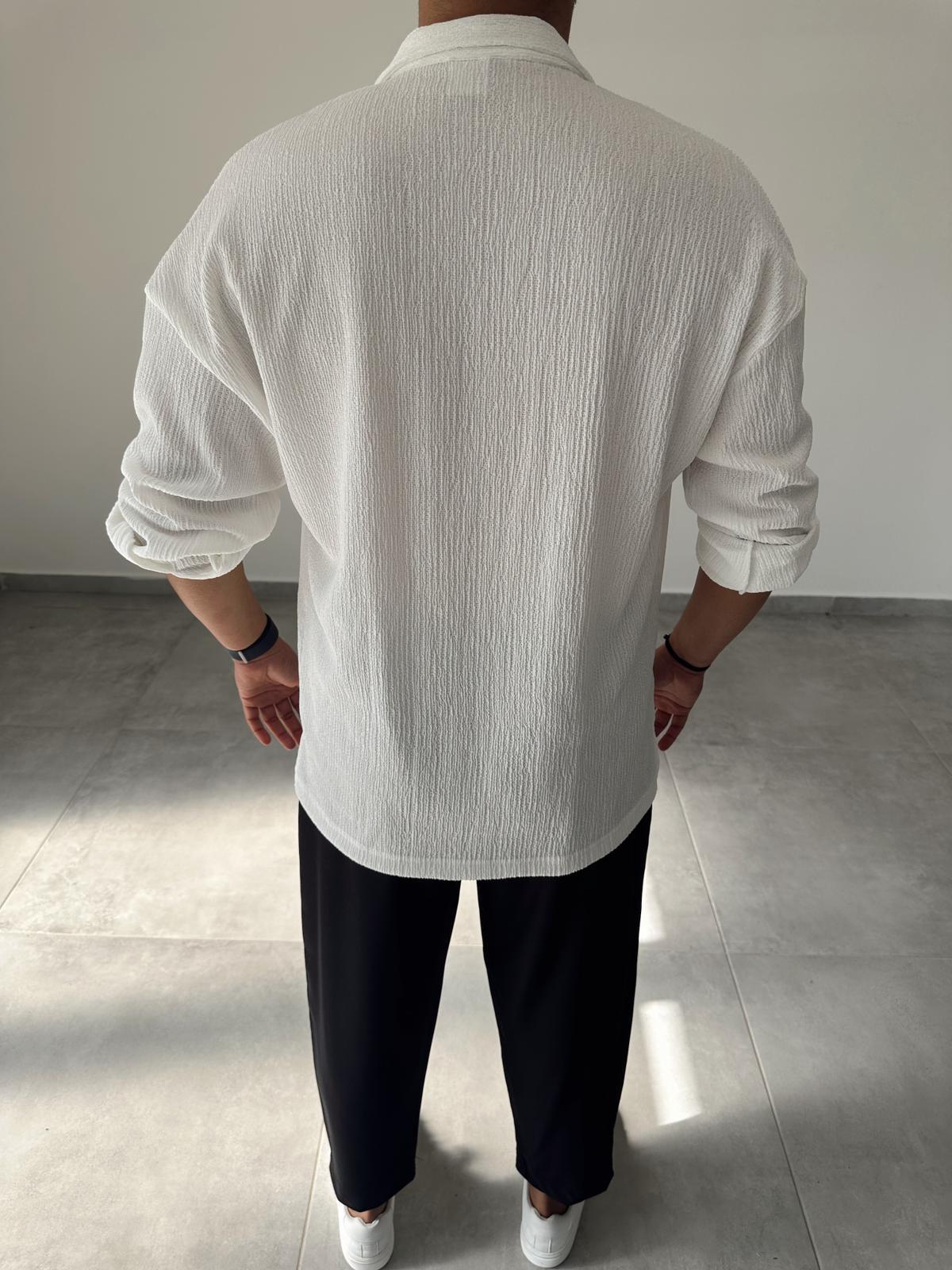 Beyaz Renk Dokulu Oversize  Gömlek