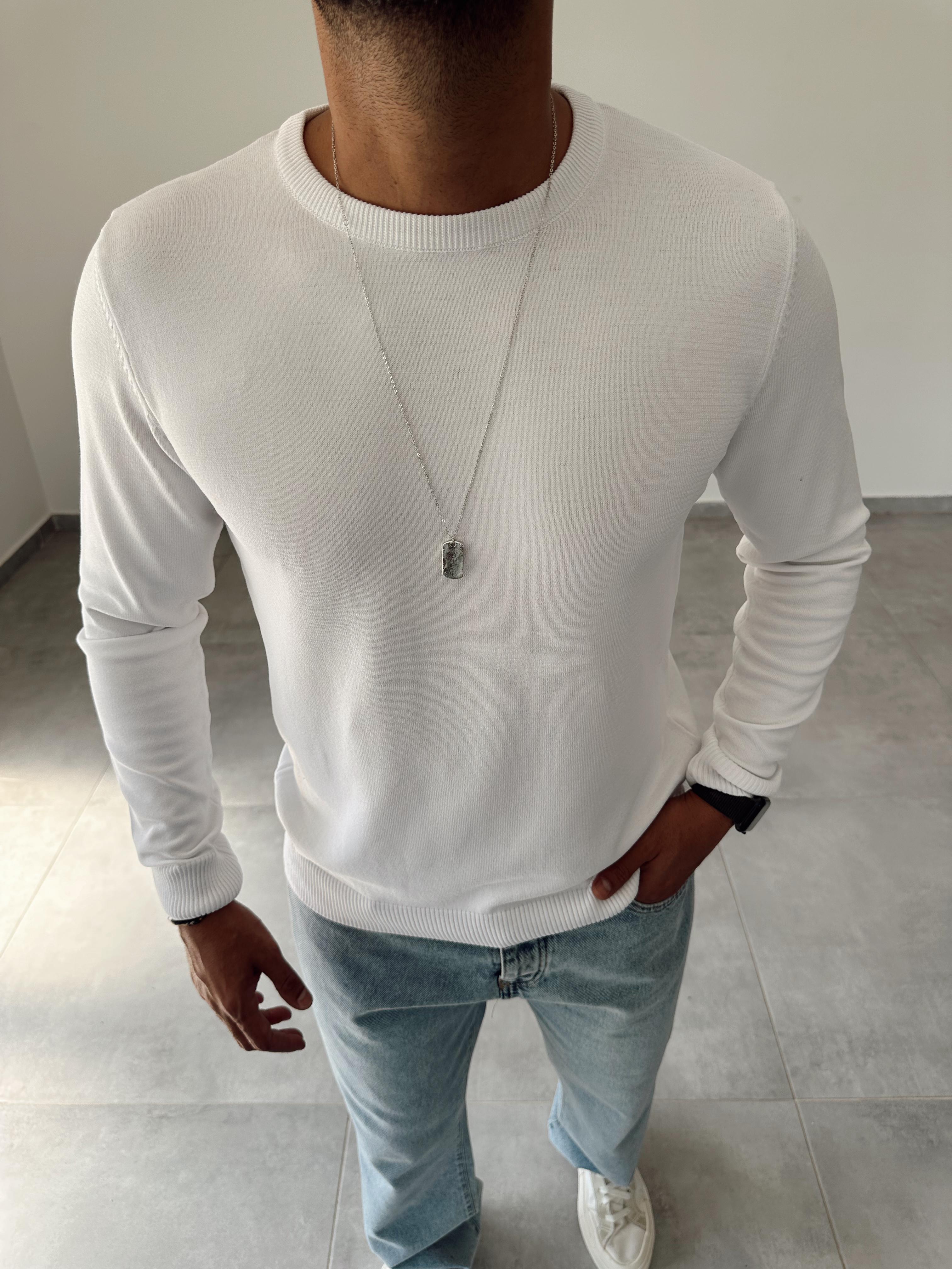 Beyaz Renk Örme Triko Basic Sweatshirt