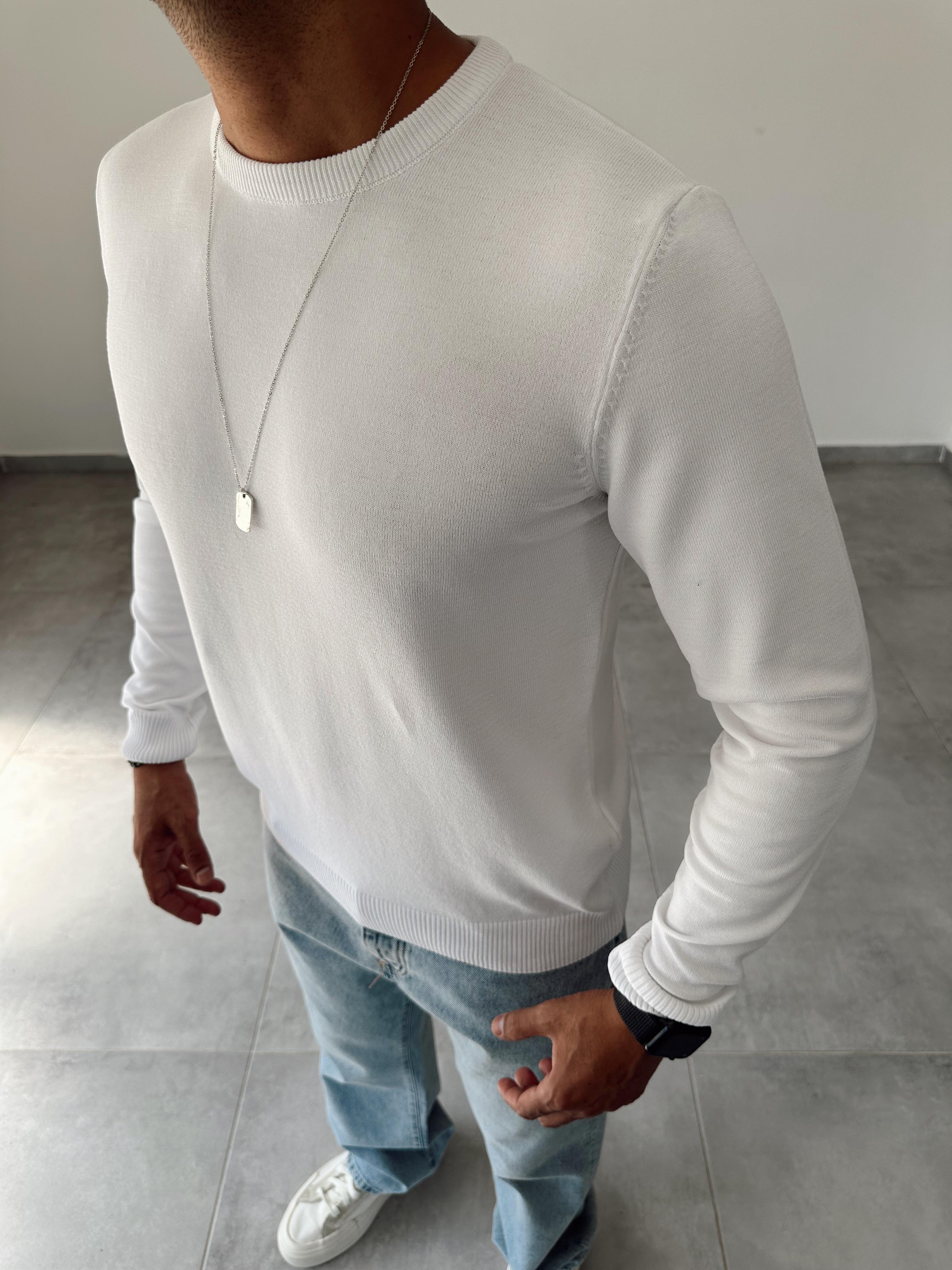 Beyaz Renk Örme Triko Basic Sweatshirt