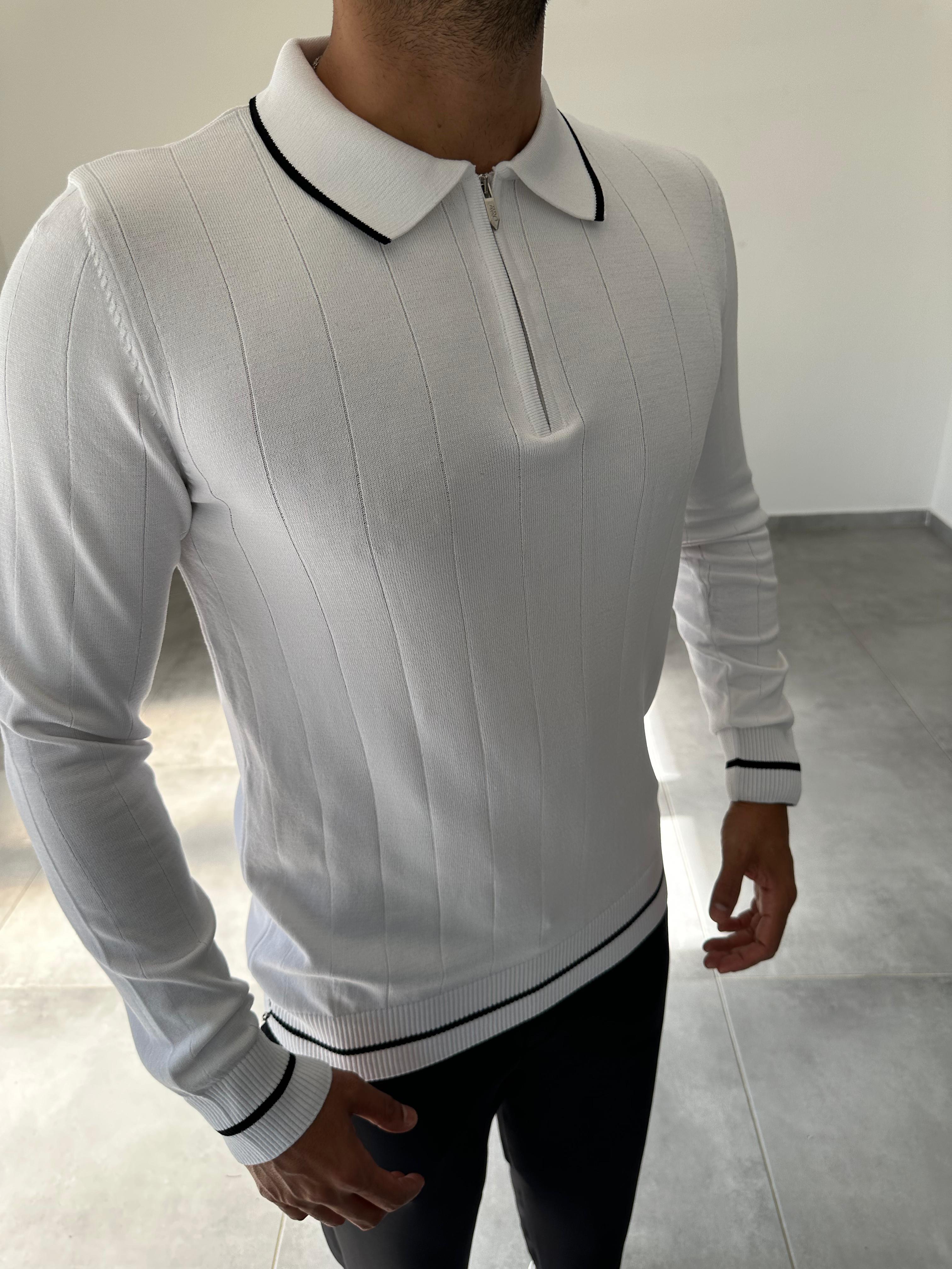 Beyaz Renk Polo Yaka Fitilli Triko Sweatshirt