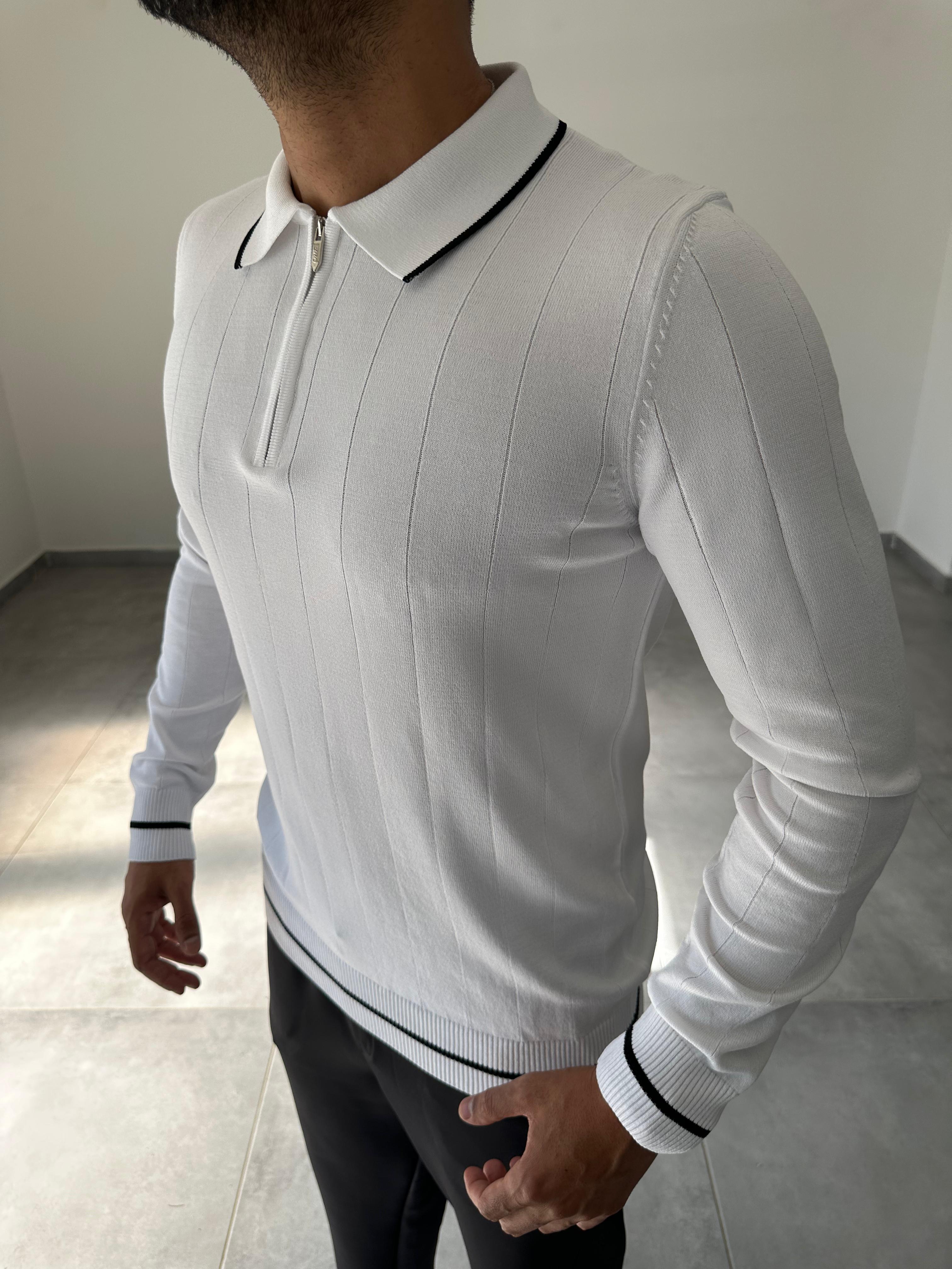 Beyaz Renk Polo Yaka Fitilli Triko Sweatshirt