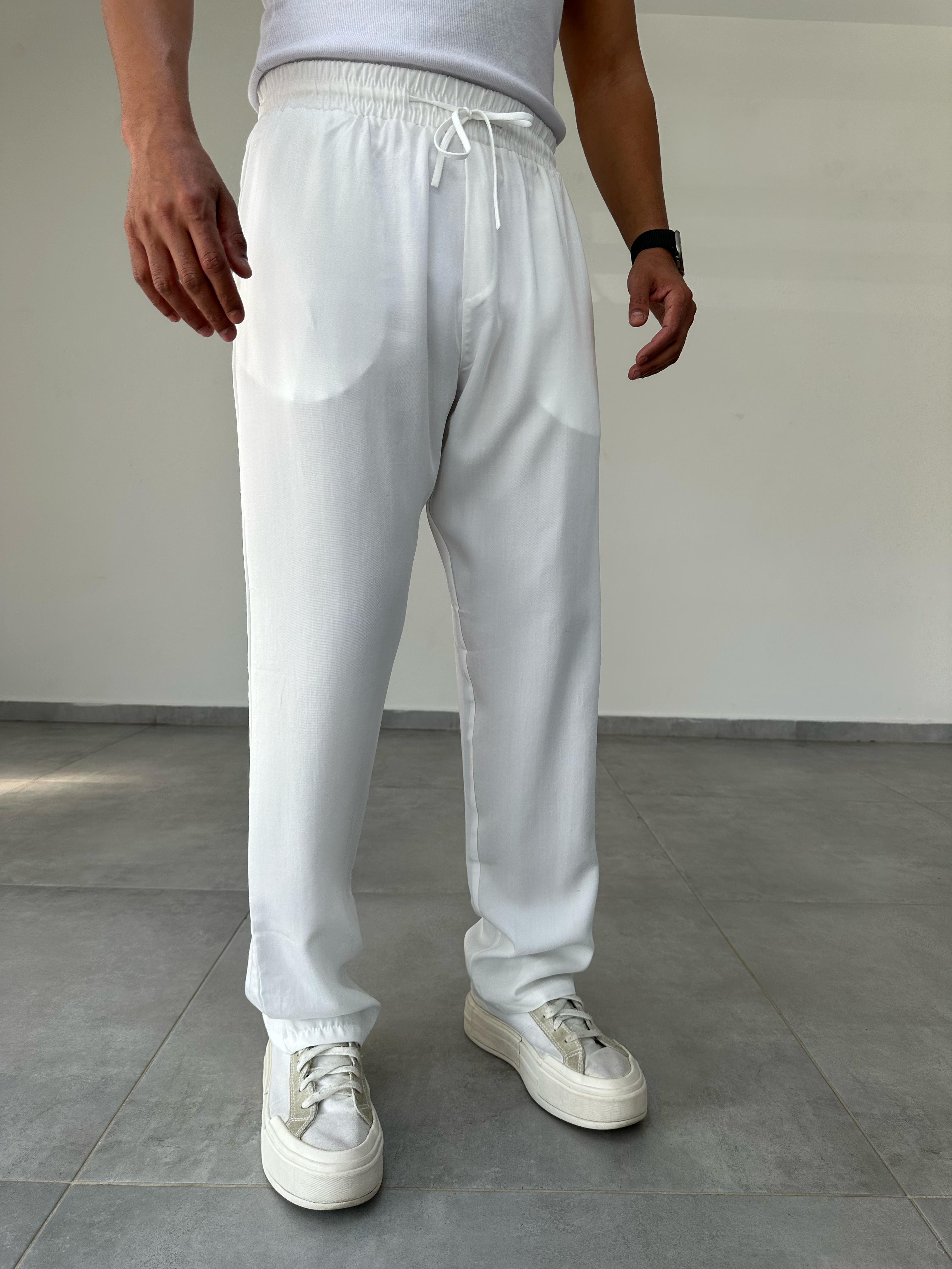 Beyaz Renk Tensel Kumaş Basic Baggy Pantolon