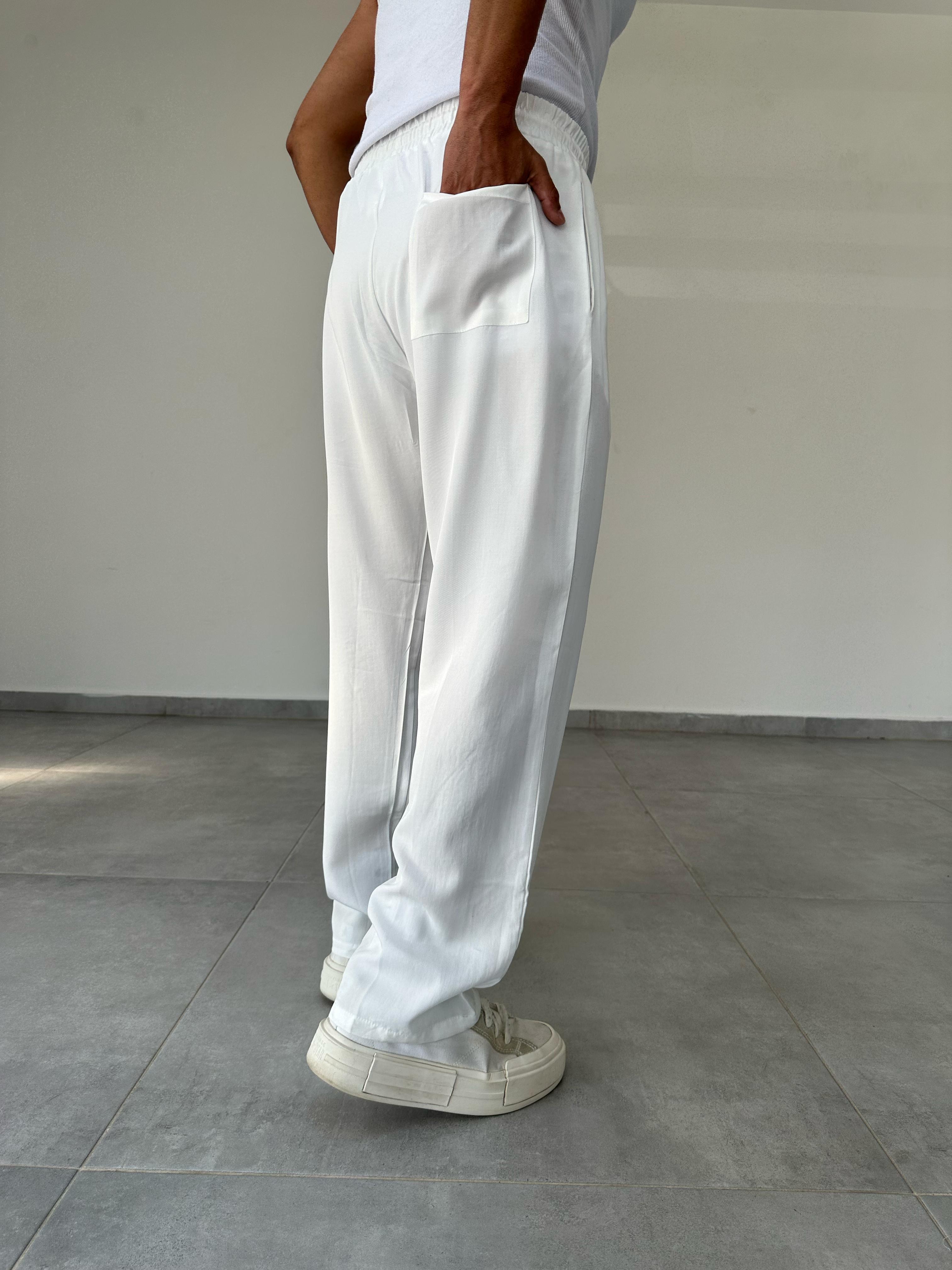 Beyaz Renk Tensel Kumaş Basic Baggy Pantolon