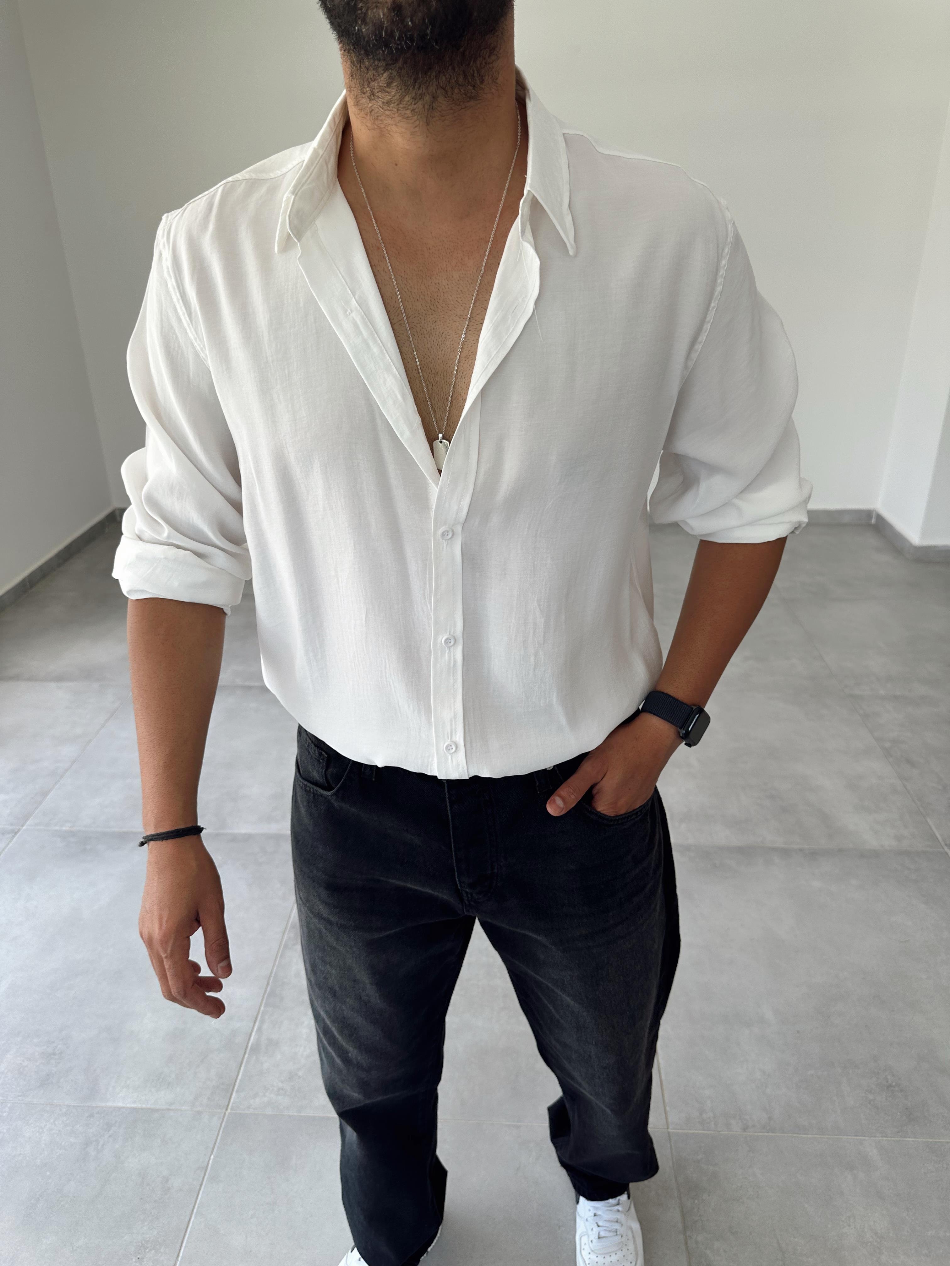 Beyaz Tensel Kumaş Oversize Gömlek