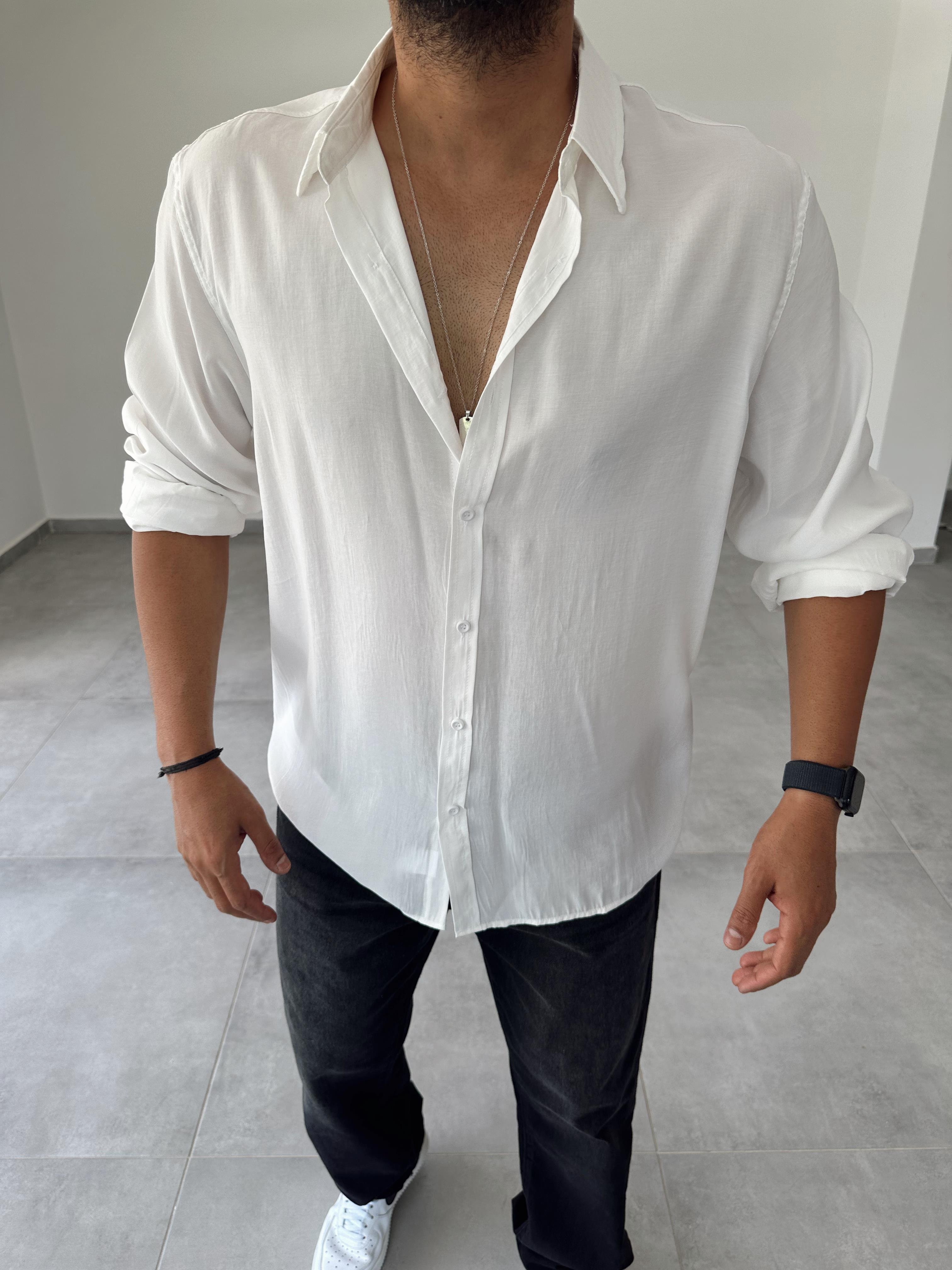 Beyaz Tensel Kumaş Oversize Gömlek