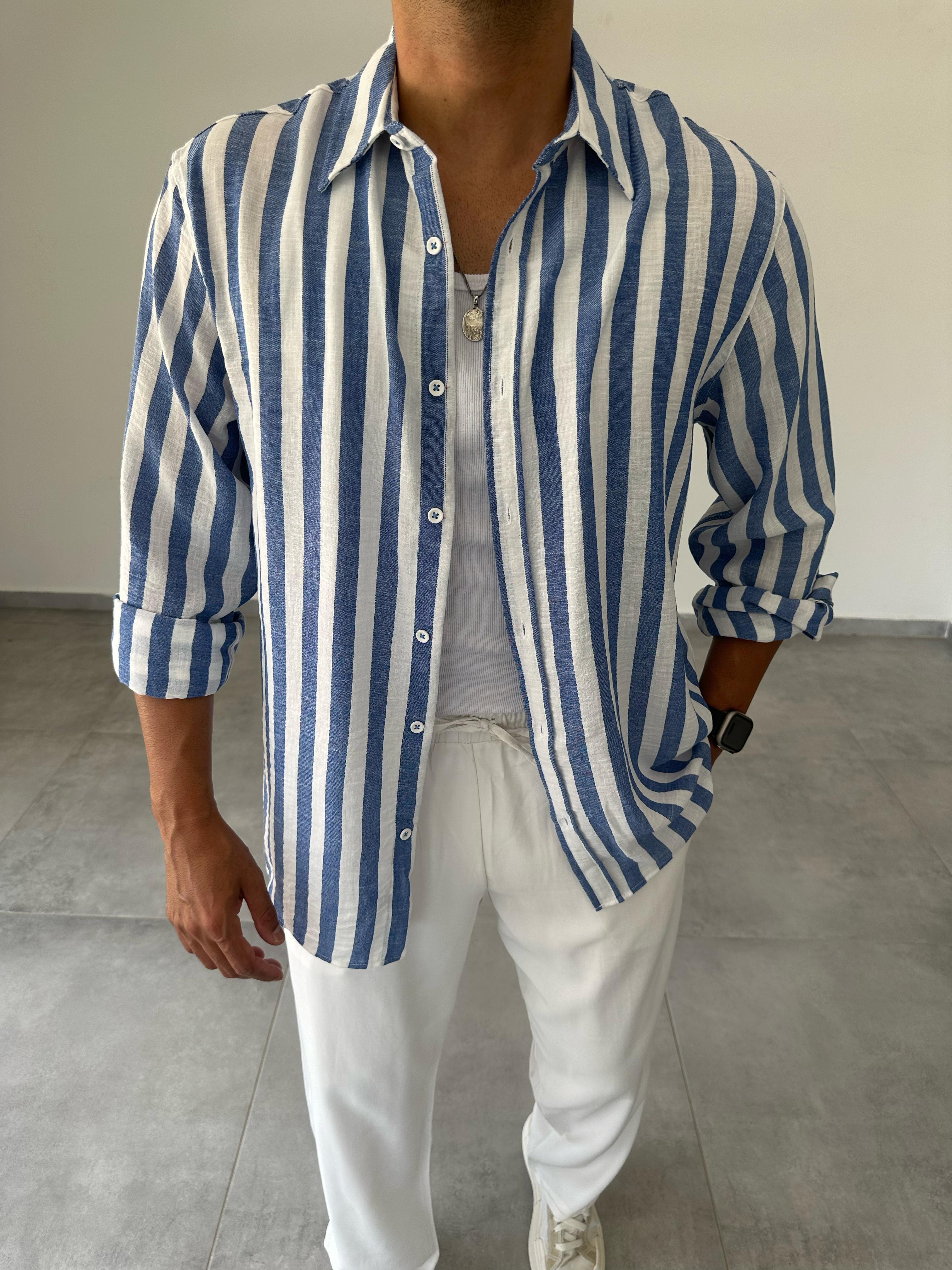 Bodrum Mavisi Çizgili Oversize Keten Gömlek