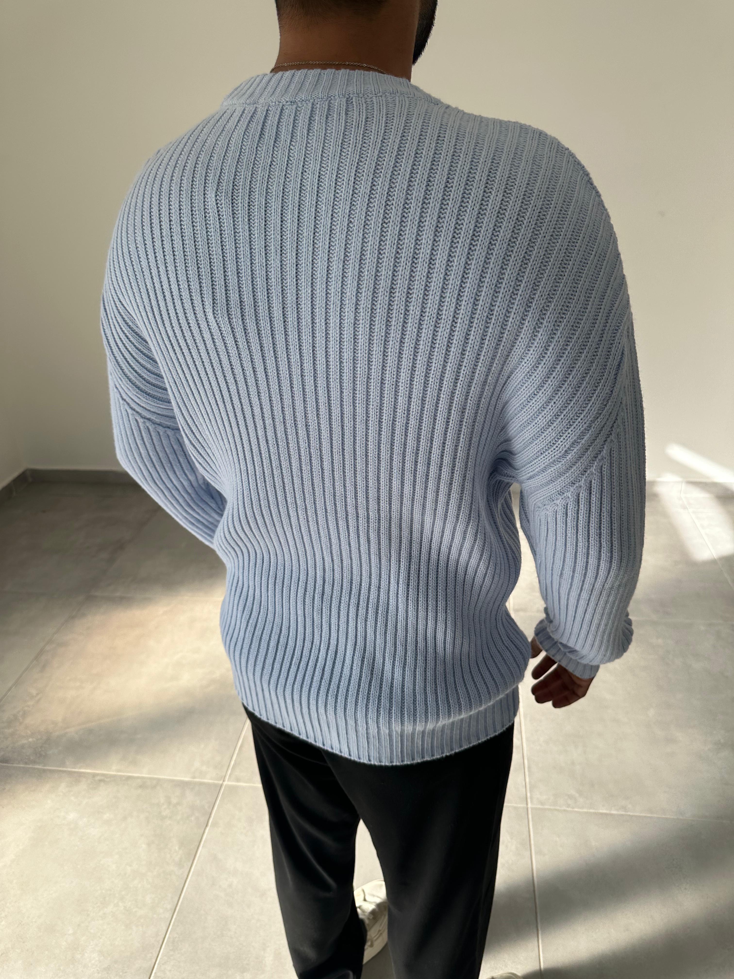 Buz Mavisi Bisiklet Yaka Oversize Örme Kazak