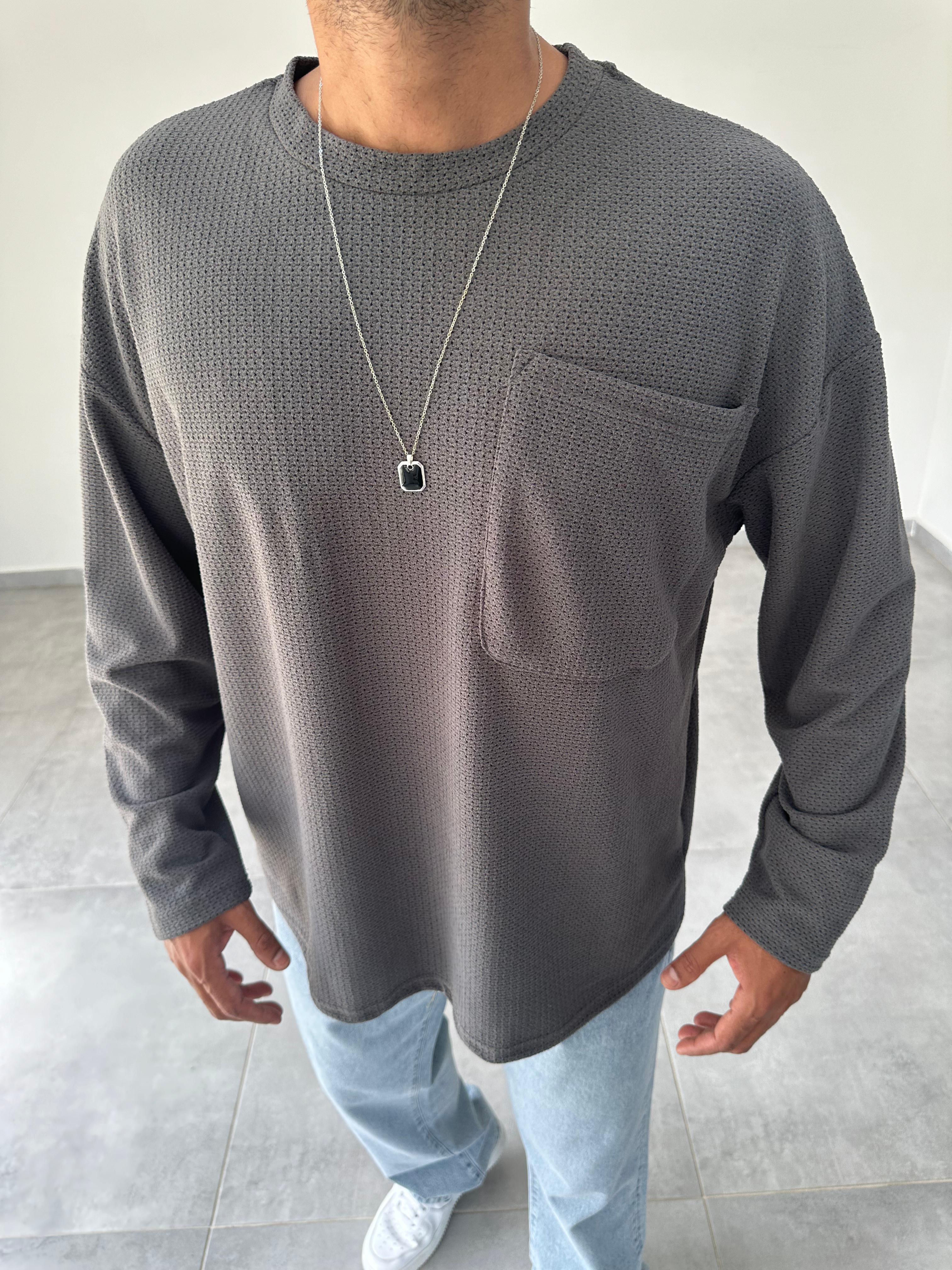 Füme Renk Cep Detaylı Oversize Sweatshirt