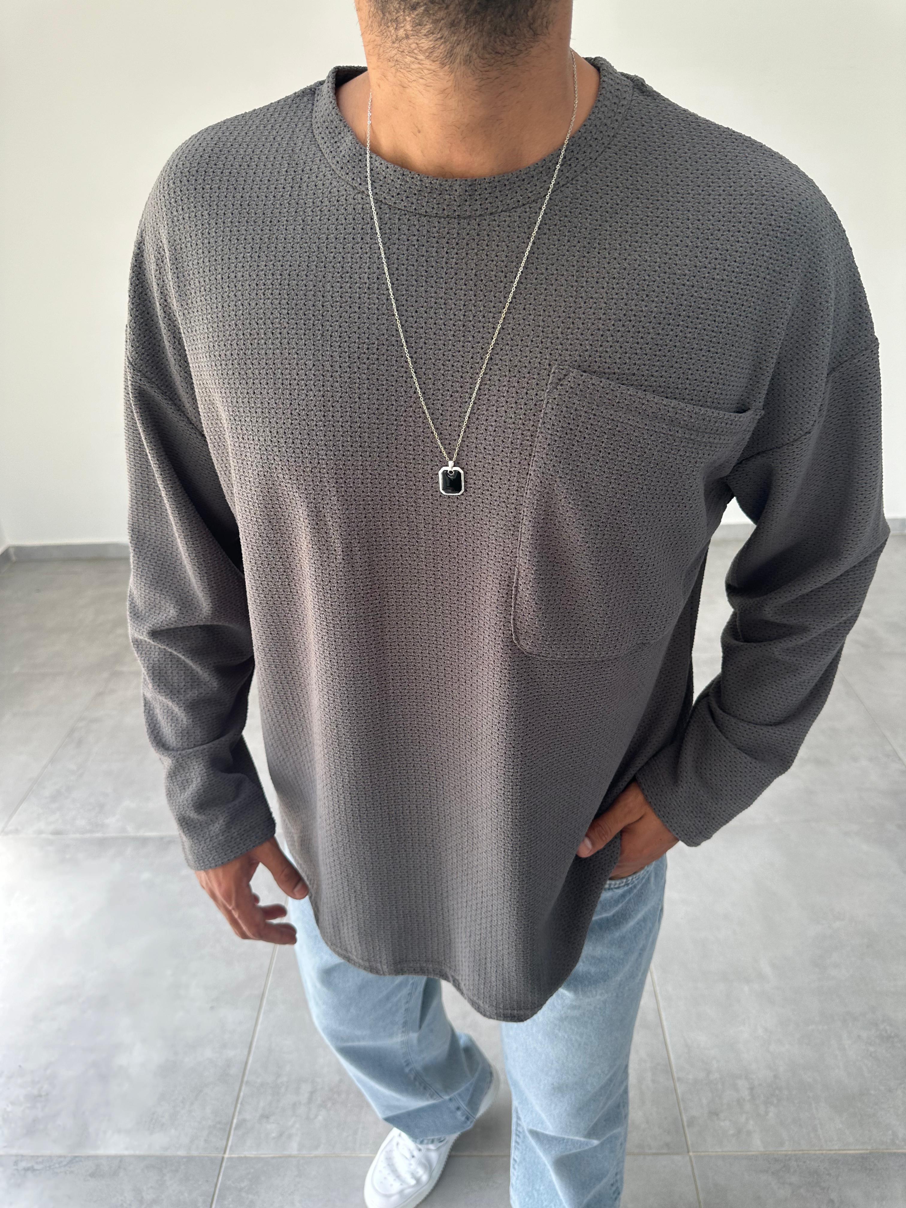 Füme Renk Cep Detaylı Oversize Sweatshirt
