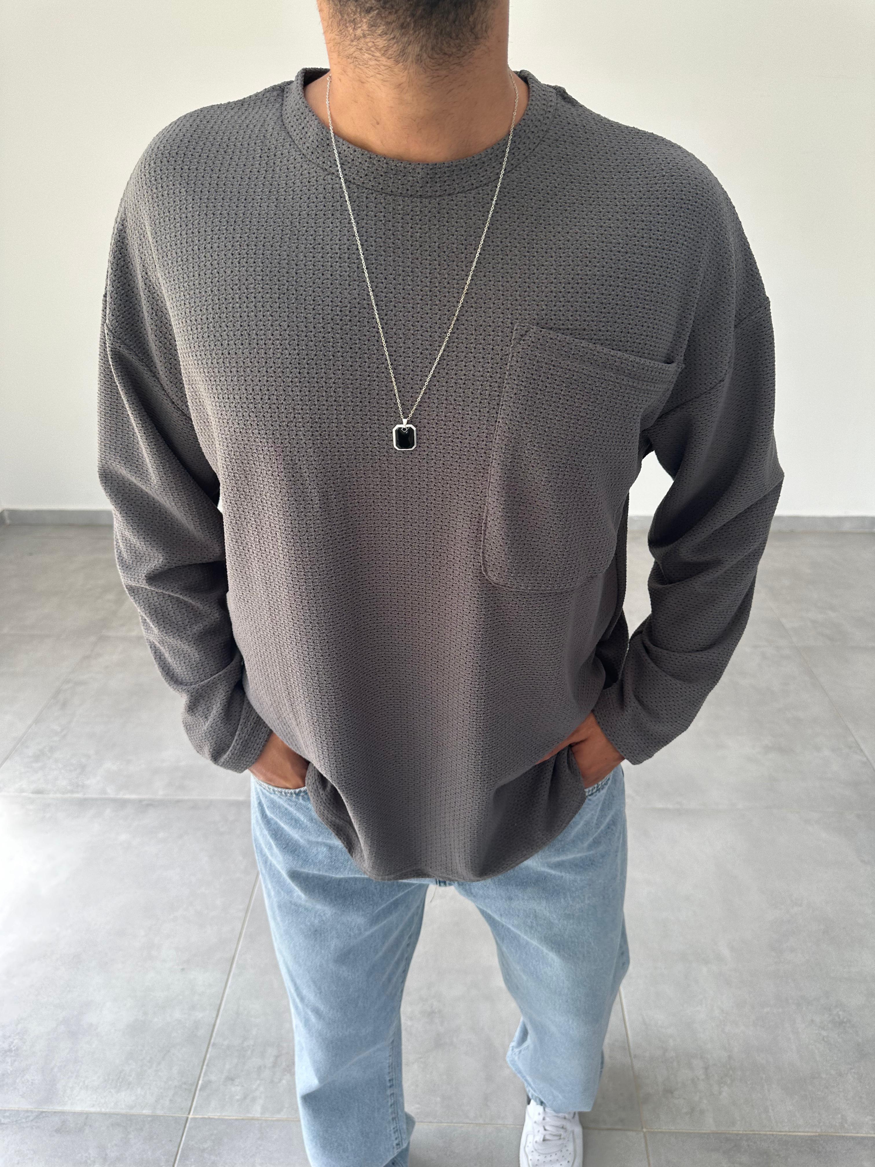 Füme Renk Cep Detaylı Oversize Sweatshirt
